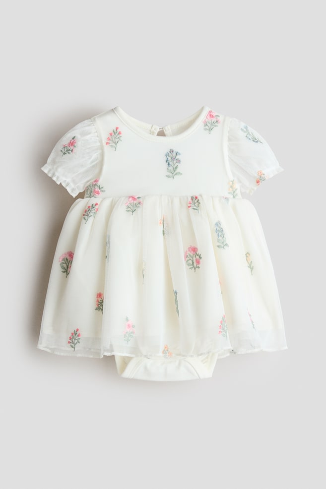 Embroidered tulle bodysuit dress - White/floral - 1