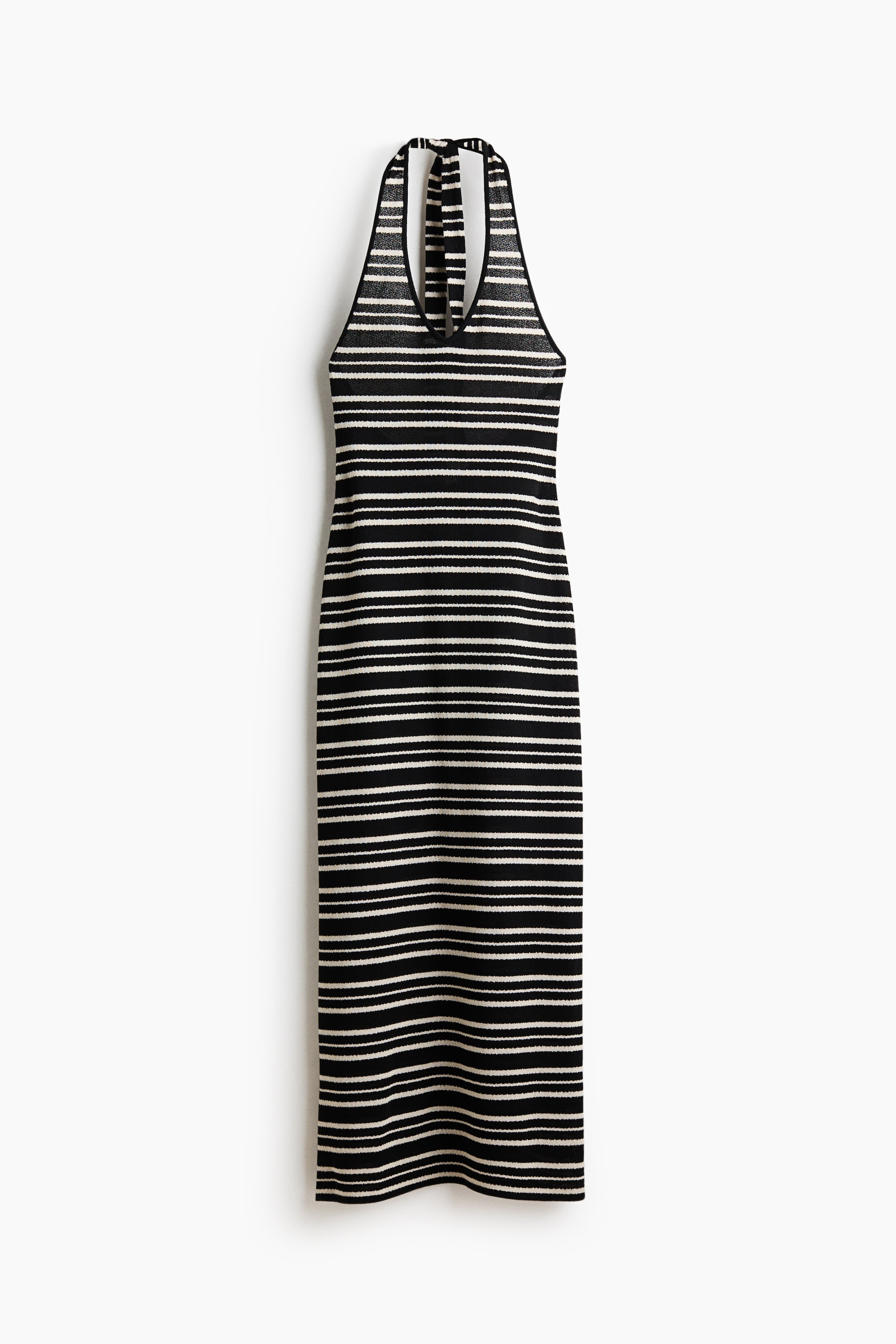 Visualizza l'immagine ingrandita: Il vestito con scollo all'americana presenta un motivo a righe orizzontali in bianco e nero, visto dal davanti. È caratterizzato da uno scollo a V e una silhouette aderente, che si estende fino a una lunghezza midi.