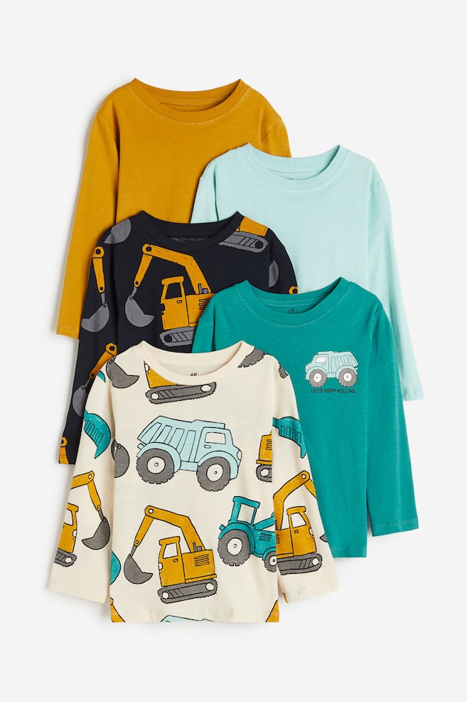 5-pack cotton jersey tops - Dark turquoise/Vehicles/Light mole/Tigers/White/Planets - 1