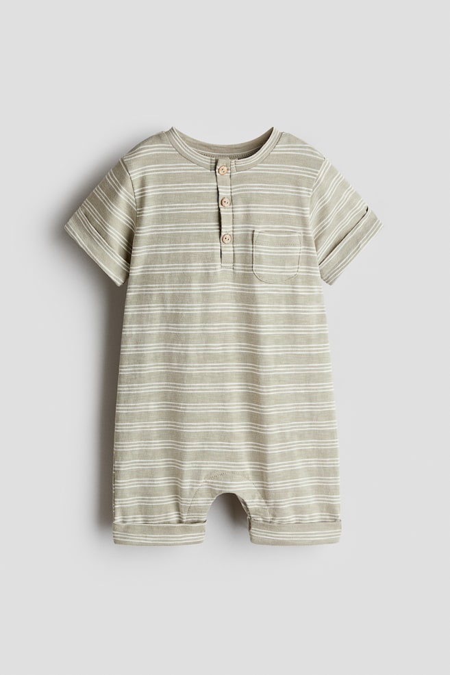 Printed Cotton Romper Suit - Light khaki green/striped/White/marine life/Light beige/lemons - 1