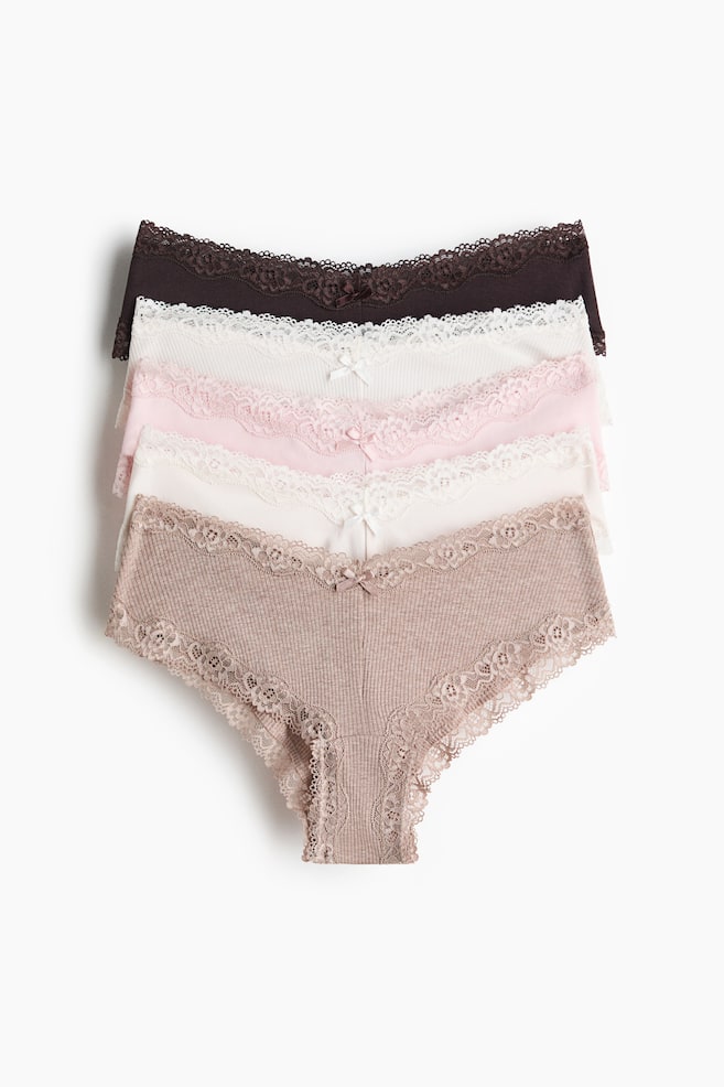 5-pack Cotton and Lace Hipster Briefs - Beige melange/dark brown/white/Beige/cream/Light pink/light gray melange/Navy blue/floral/Black/burgundy/light pink/Light yellow/floral/White/floral - 1