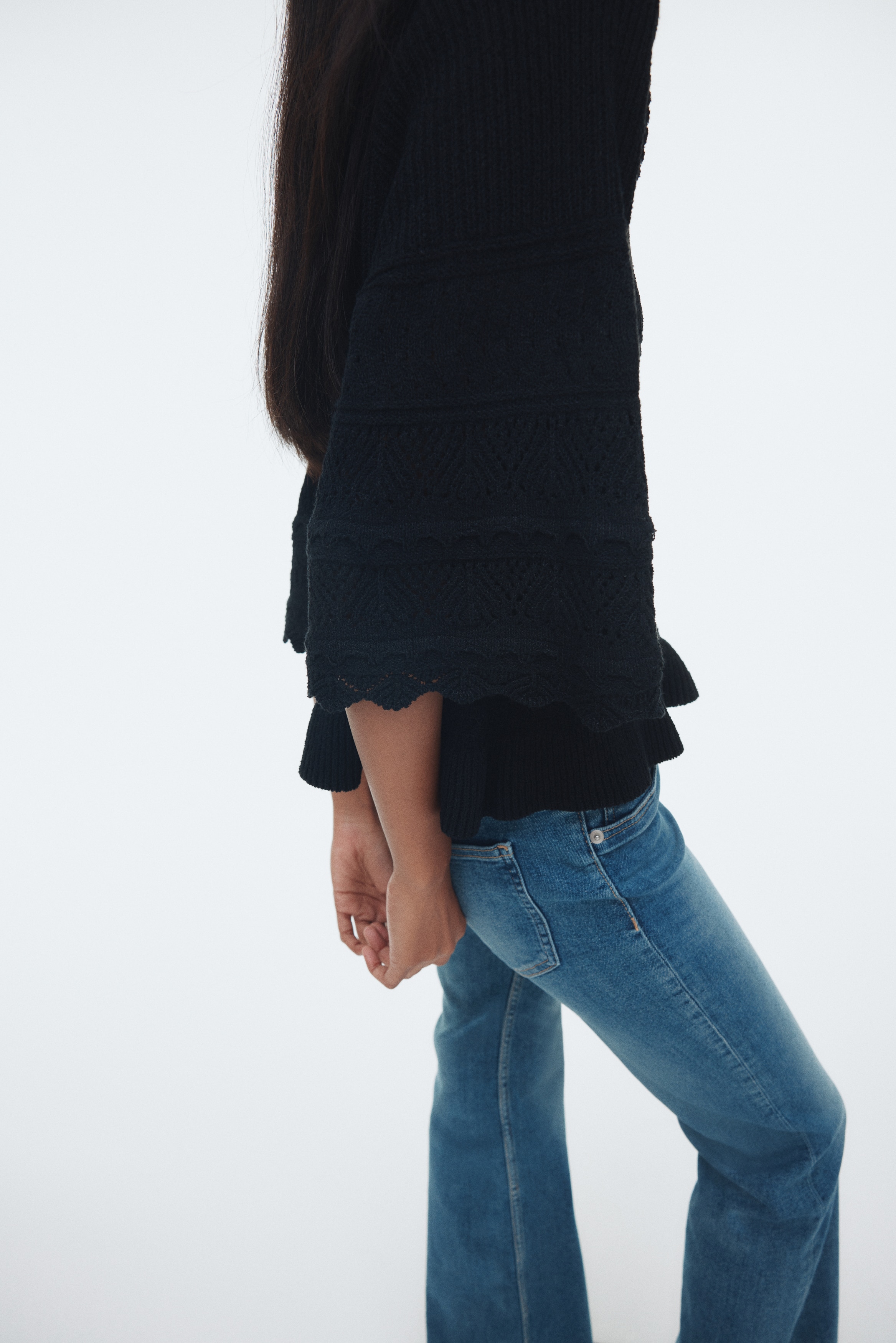 Frill-trimmed pointelle-knit jumper