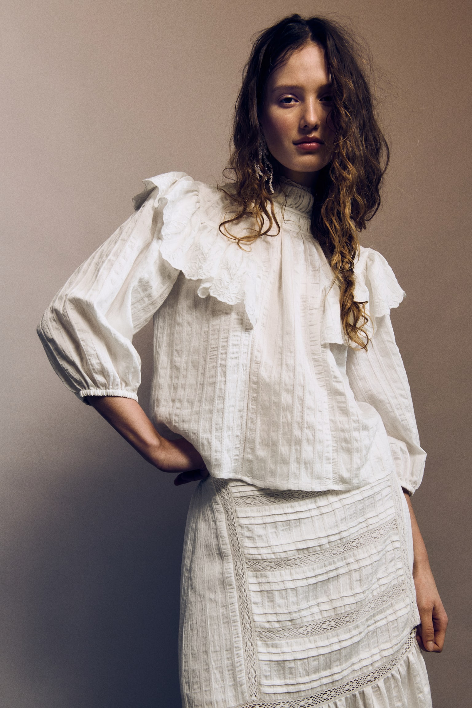 Flounce-trimmed blouse - White - 6