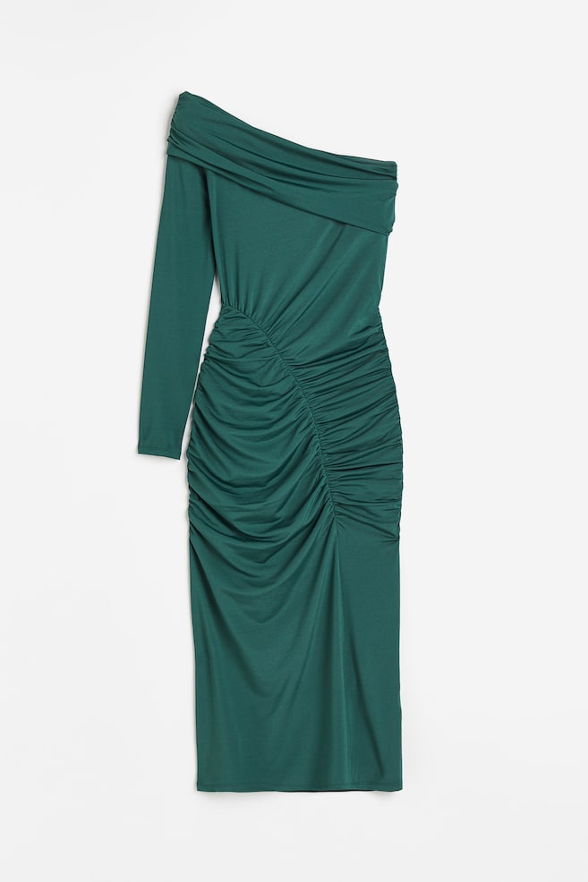 Draperet off shoulder-kjole - Mørk grønblå/Sort - 2