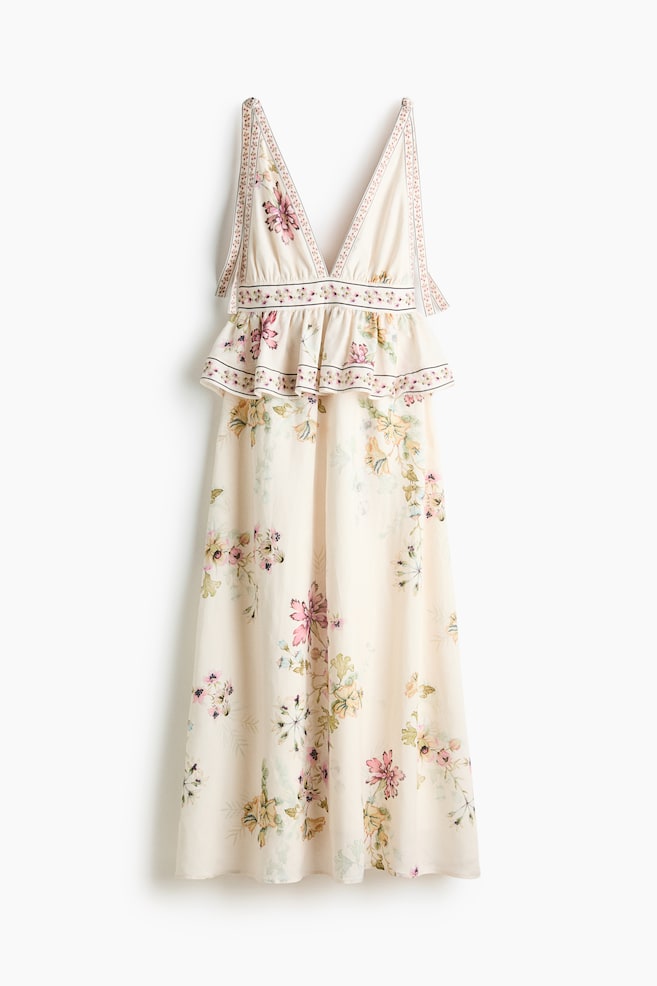 Kleid aus Leinenmix mit Bindeträgern - Hellbeige/Geblümt - 1