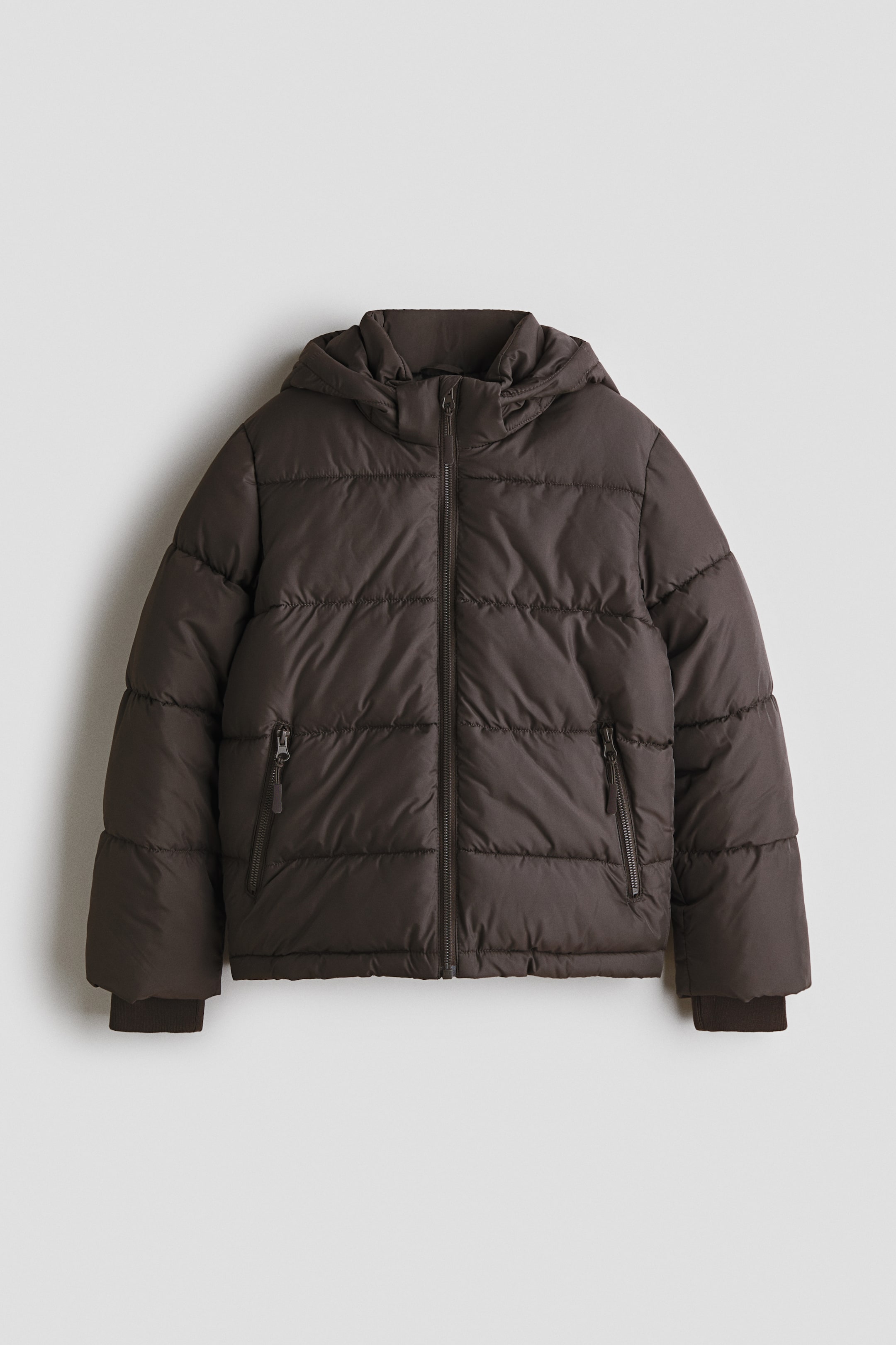 View larger image: A dark brown puffer jacket is shown from the front, featuring a quilted weave, a stand collar, and a detachable hood. It displays a front zipper with an anti-chafe chin guard, ribbed inner cuffs, and zippered front pockets.