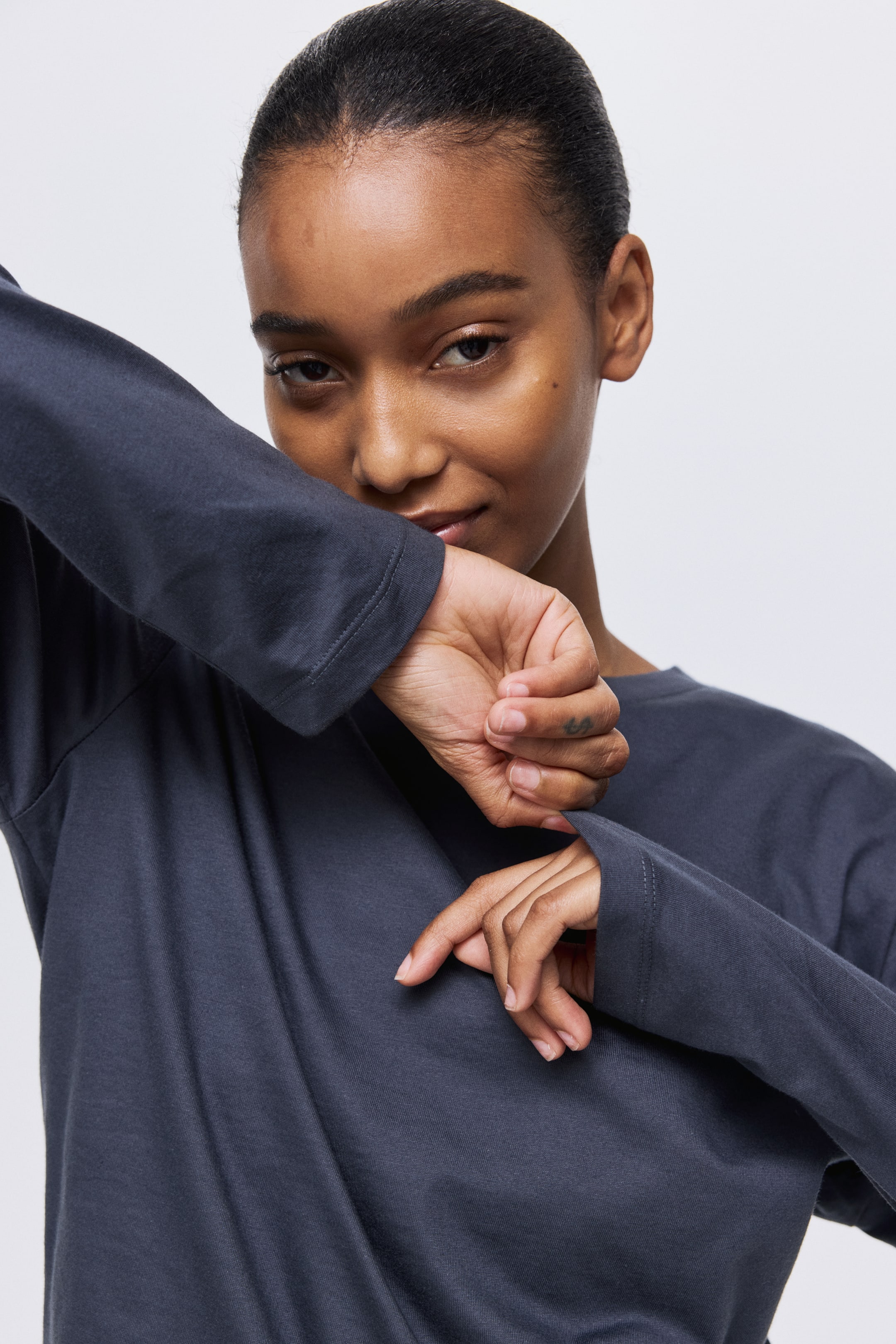 View larger image: Long-sleeved cotton top - Navy blue - Ladies | H&M IN 2