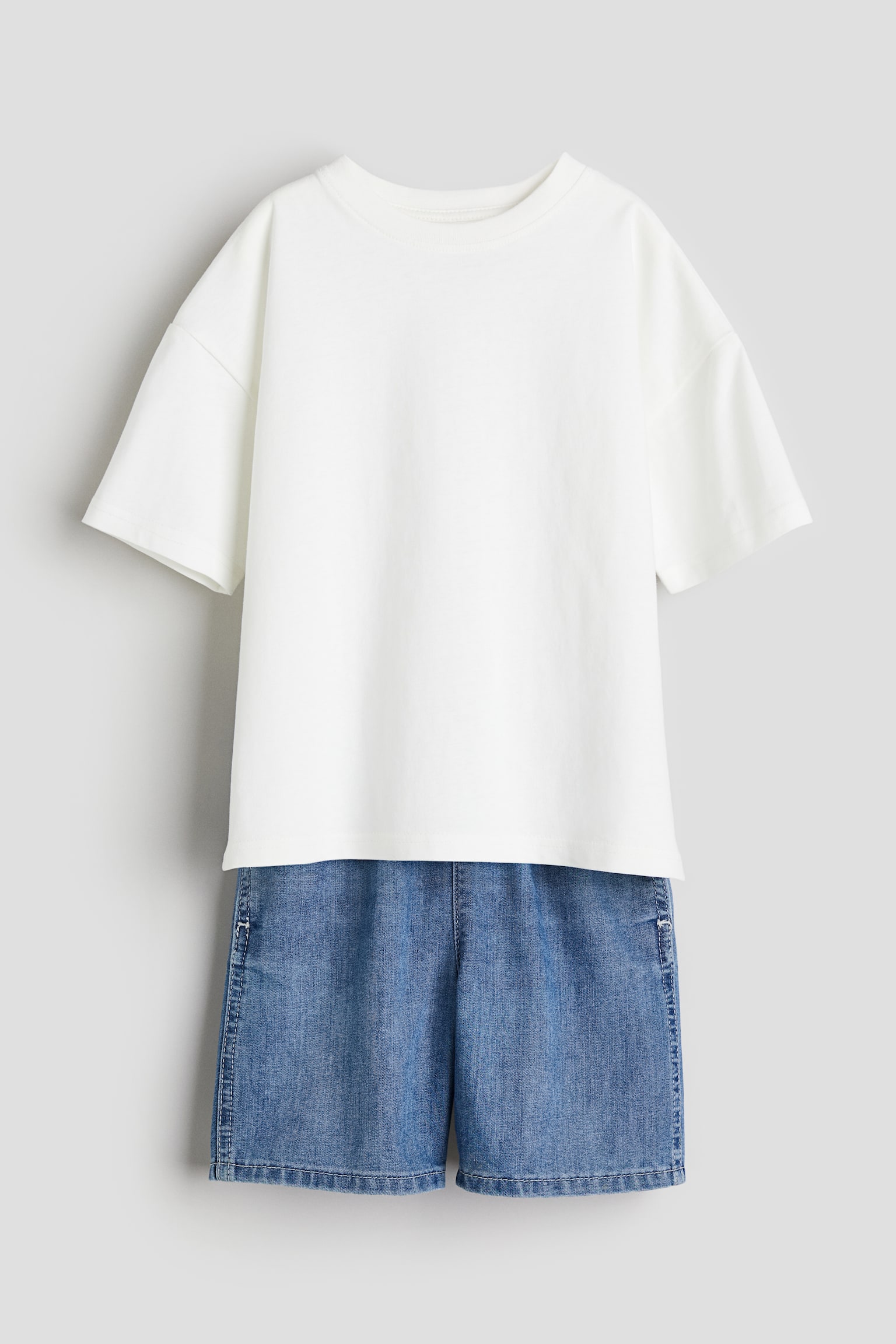 2-piece Tee & Shorts Set - White/Denim blue - 1