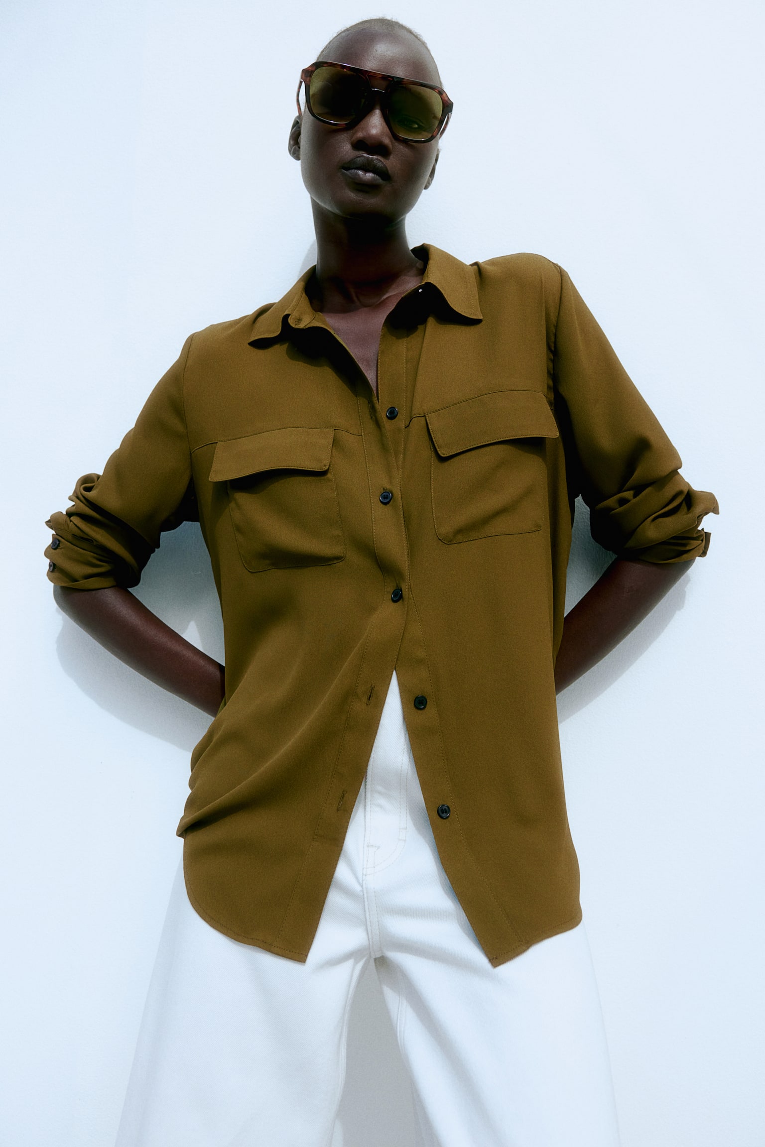 Crêpe shirt - Dark khaki green/White/Pigeon blue/Black/Brown - 4