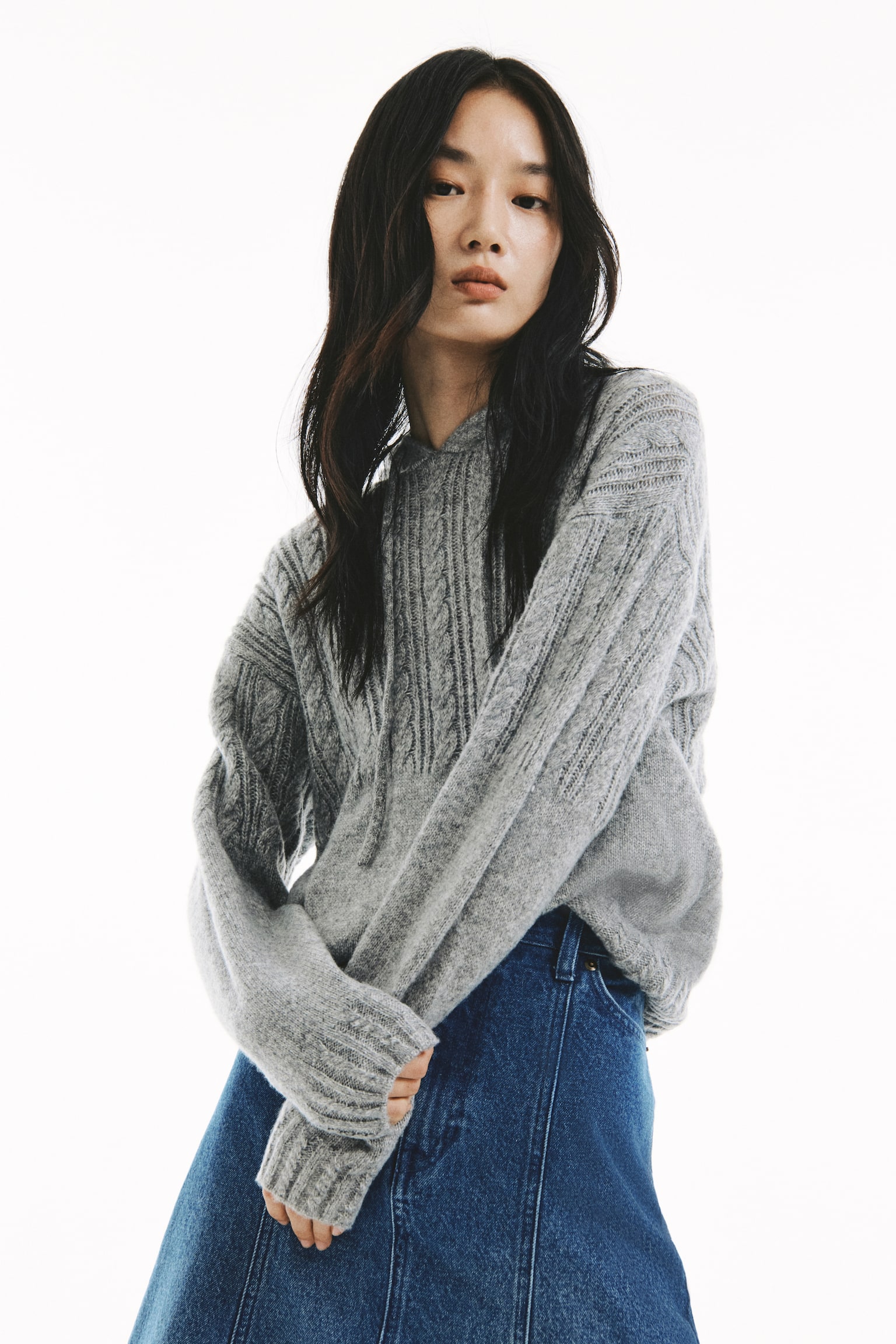 케이블 니트 후디 - 그레이 멜란지/크림 - 5