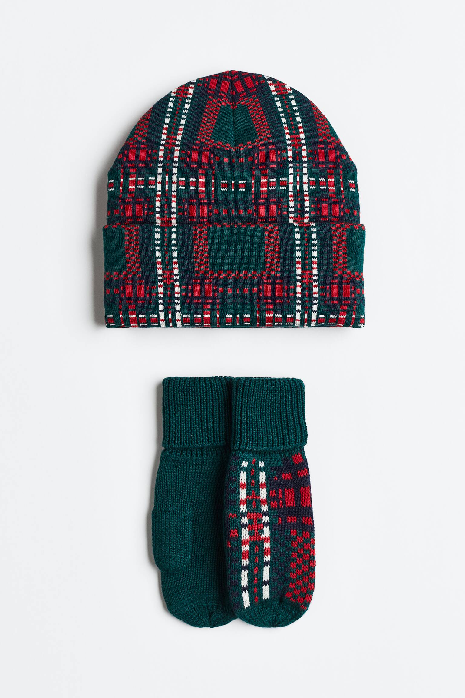 2-piece jacquard-knit set - Dark green/Checked - 1