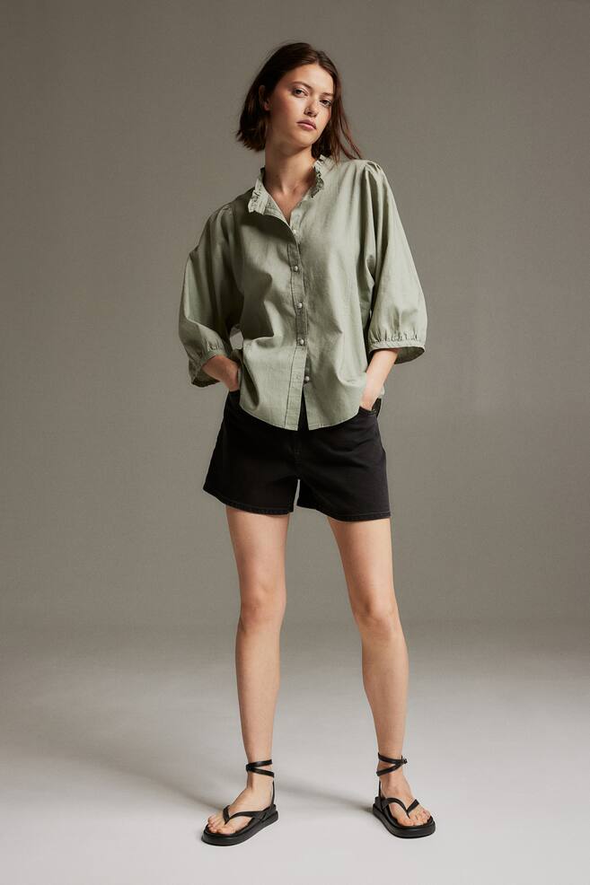 Linen-blend frill-trimmed blouse - Sage green/White - 3