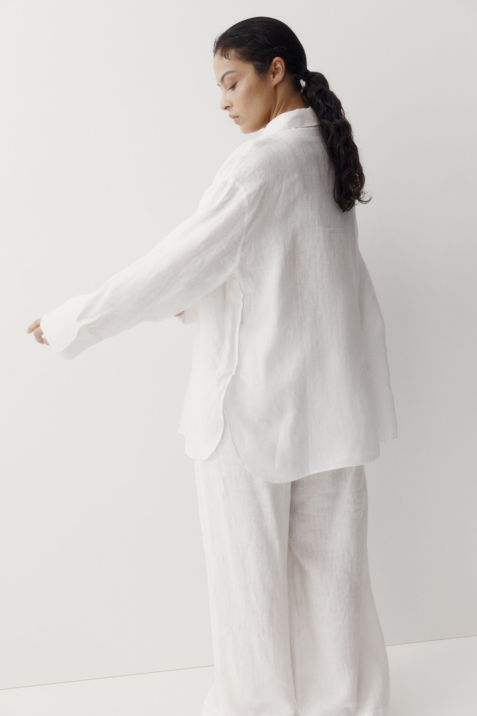 Cămașă supradimensionată de in - Alb/Maro-închis - 6