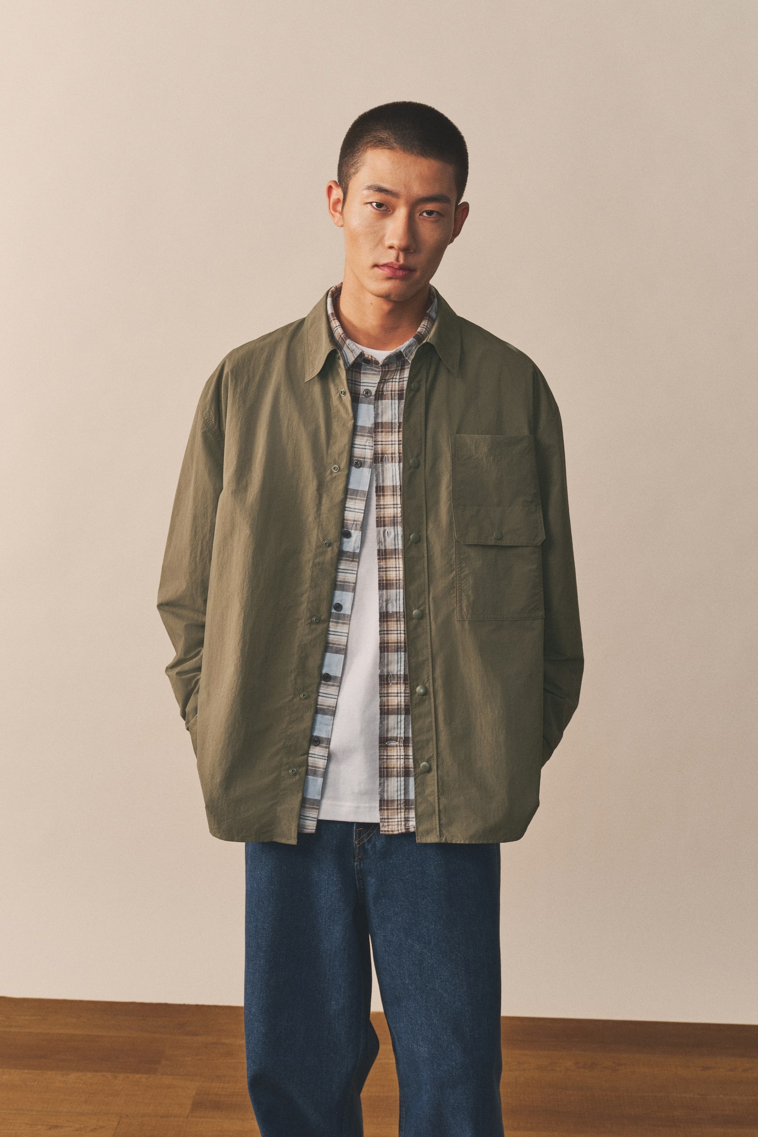 루즈핏 유틸리티 오버셔츠 - 그린/베이지 - 3