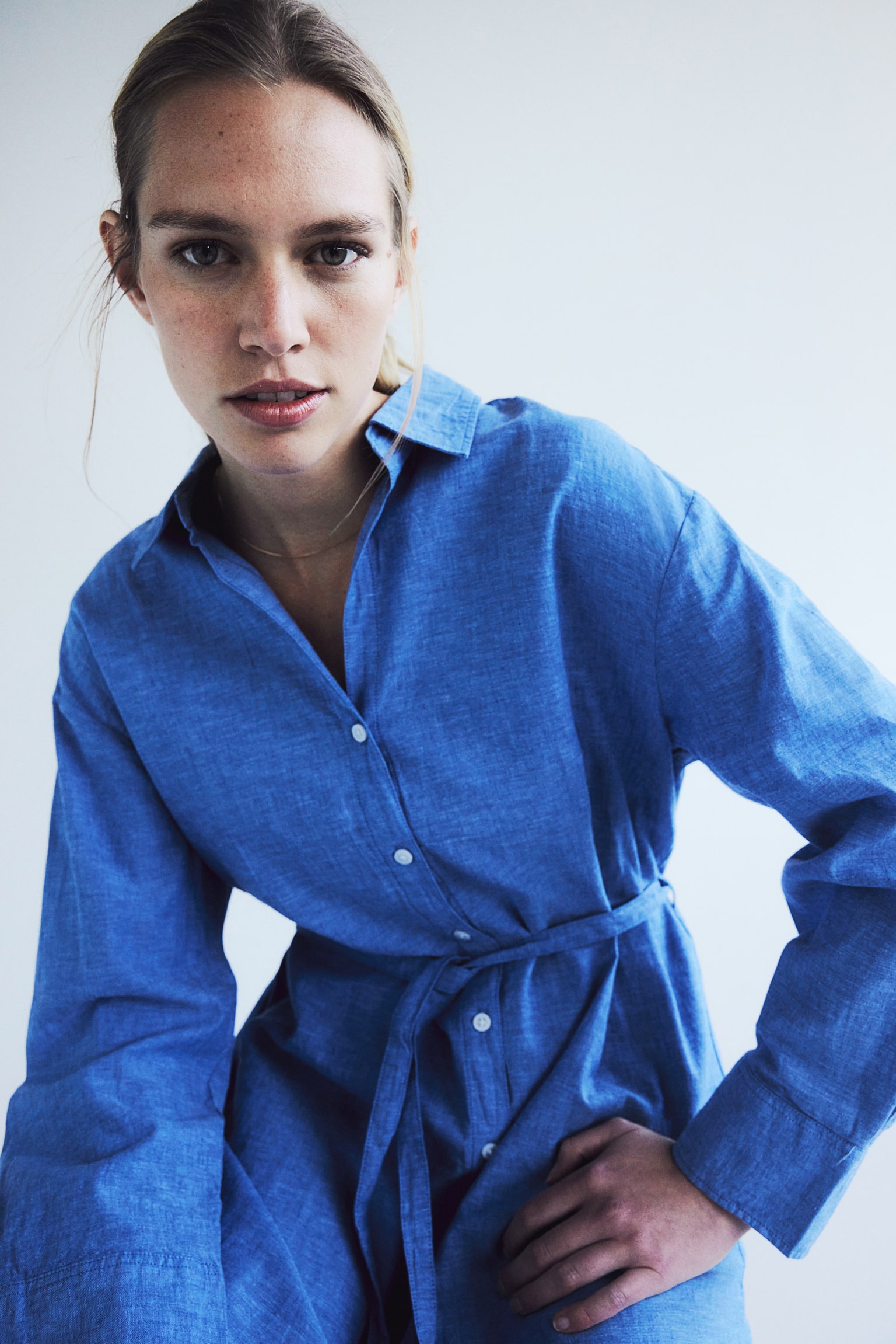 Linen Blend Shirt Dress - Blue/Blue/Stripe - 1