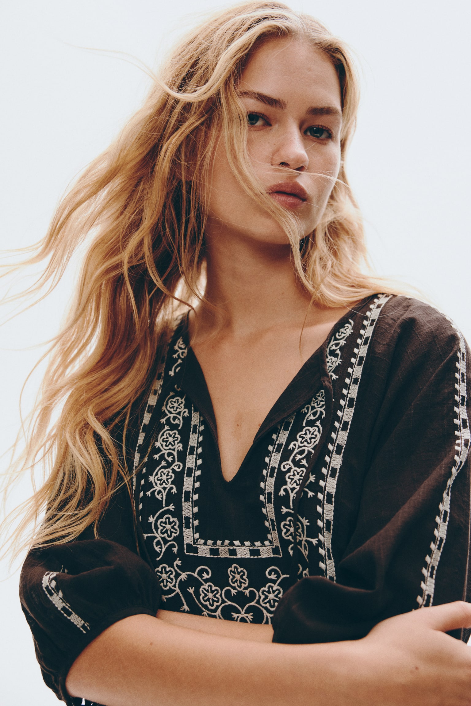 Embroidered tunic dress - Dark grey/Flowers/Dark brown/Flowers - 6