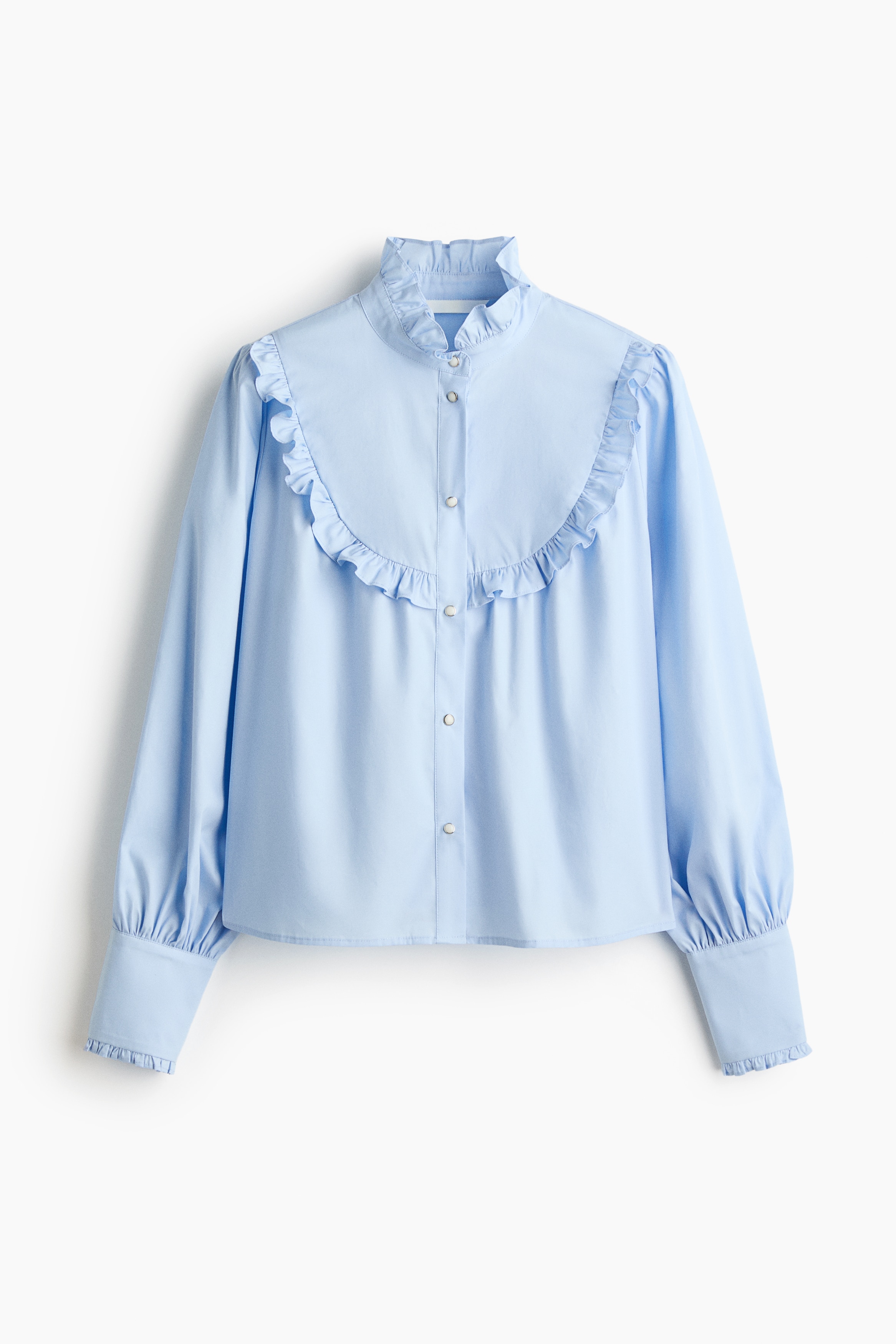Bluse aus Baumwollpopeline mit Volantbesatz - Hellblau
