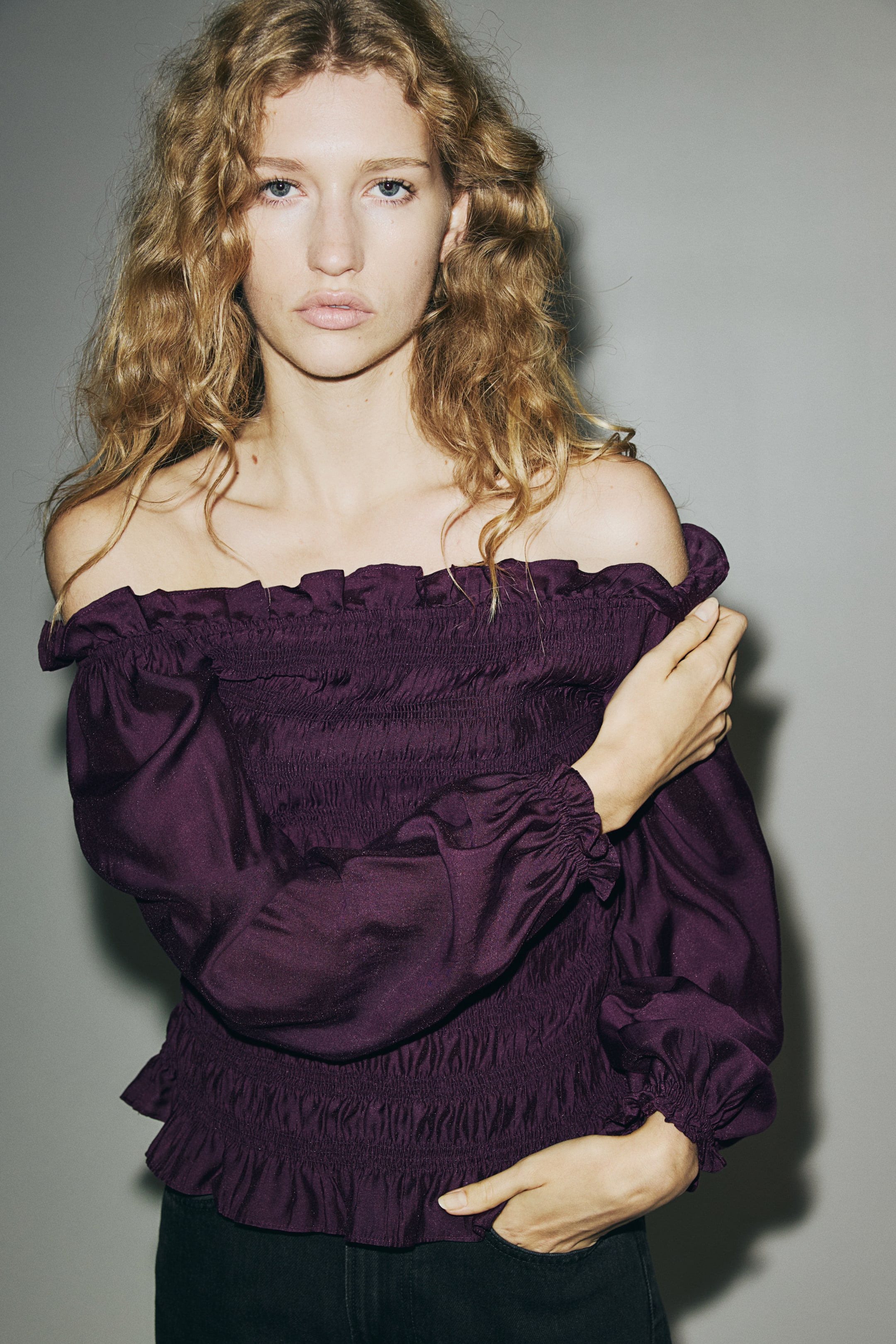 View larger image: Smocked Off-the-Shoulder Blouse - Plum purple - Ladies | H&M CA 1