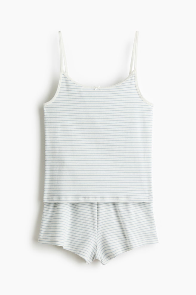 Pijama en pointelle de algodón - Blanco/Rayas azul claro/Rosa/Rayado - 1