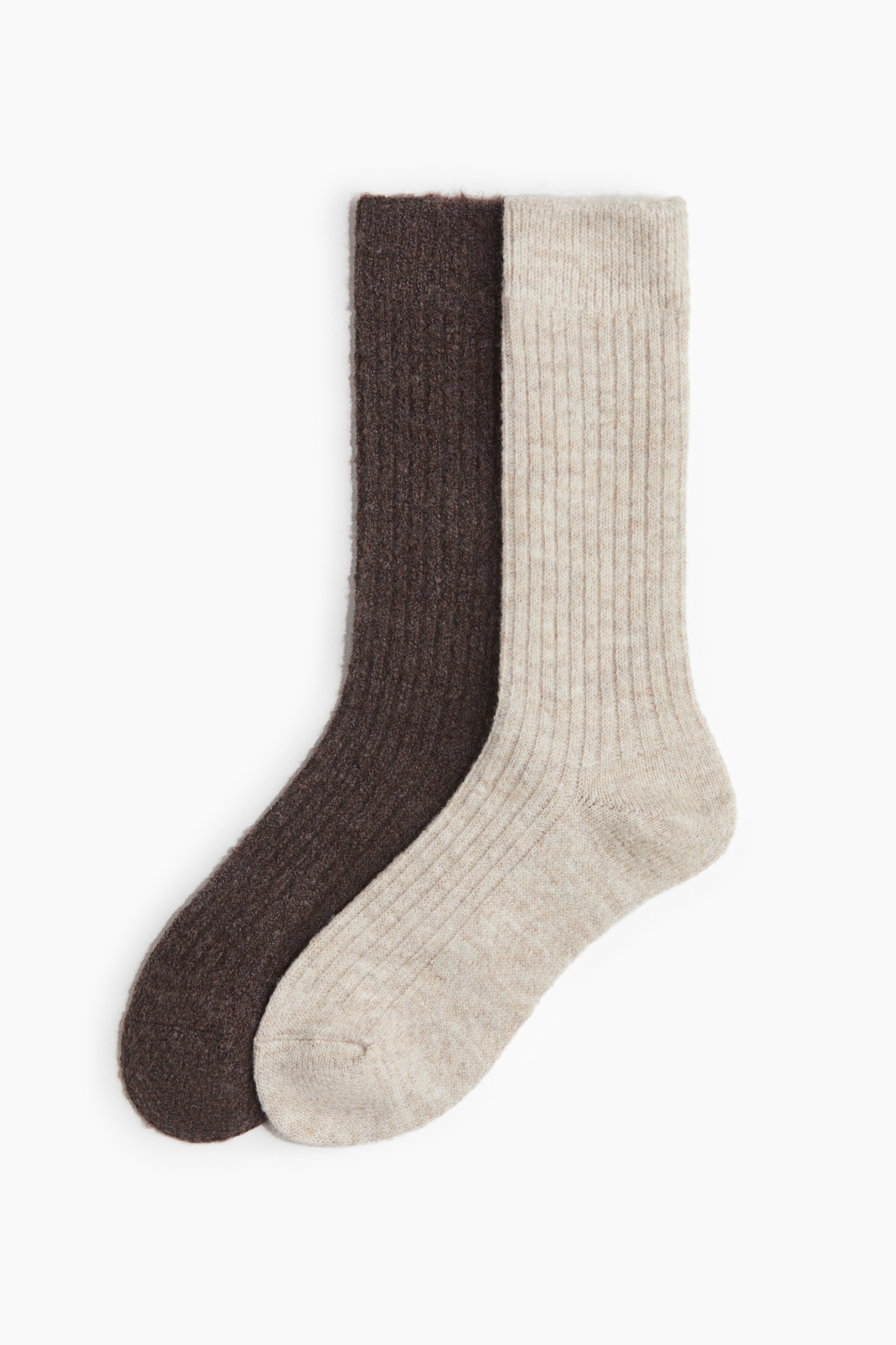 2-pack Wool-blend Socks - Dark brown/light beige melange