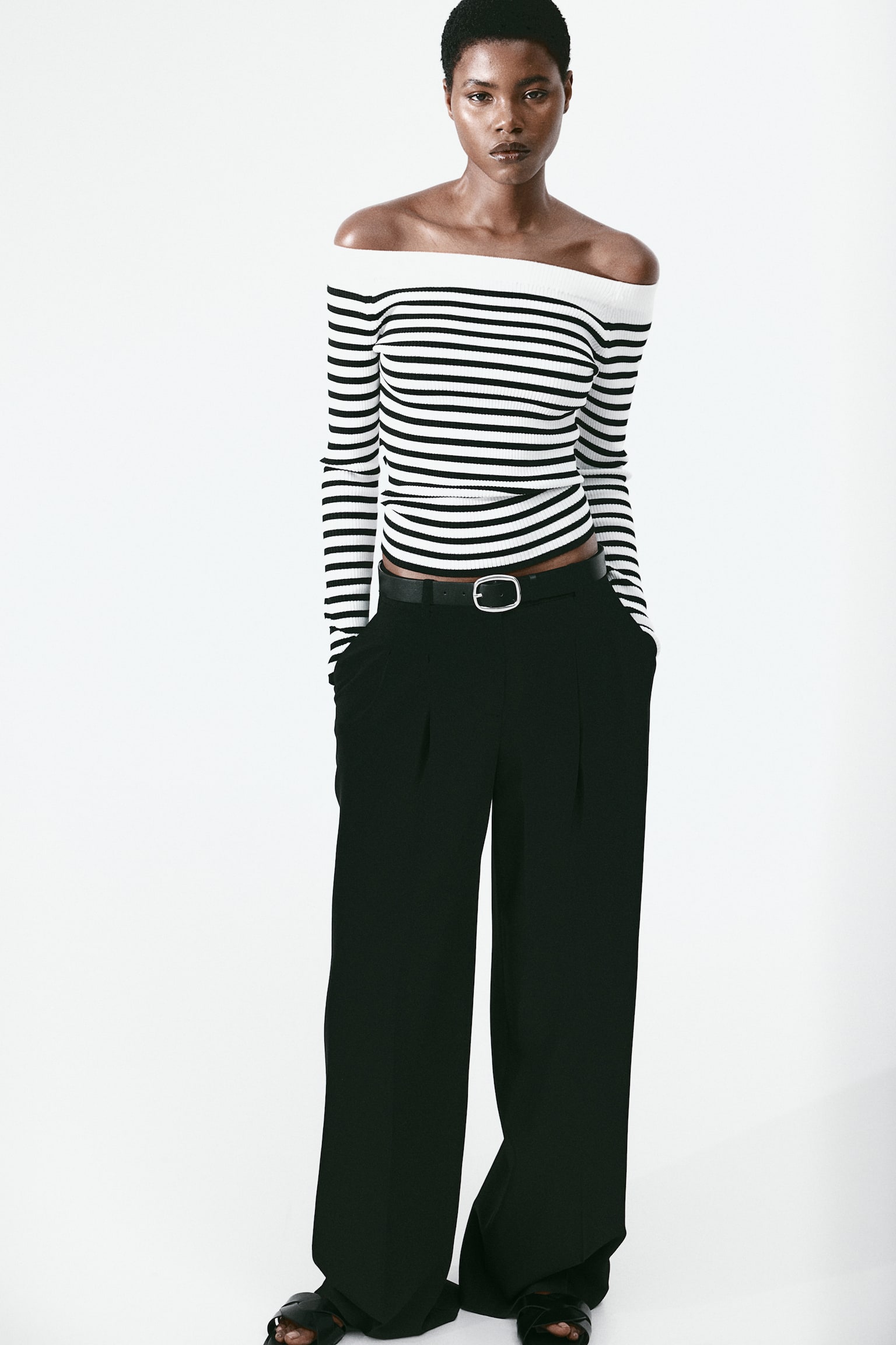 Off The Shoulder Rib Knit Top - White/Black stripe - 3