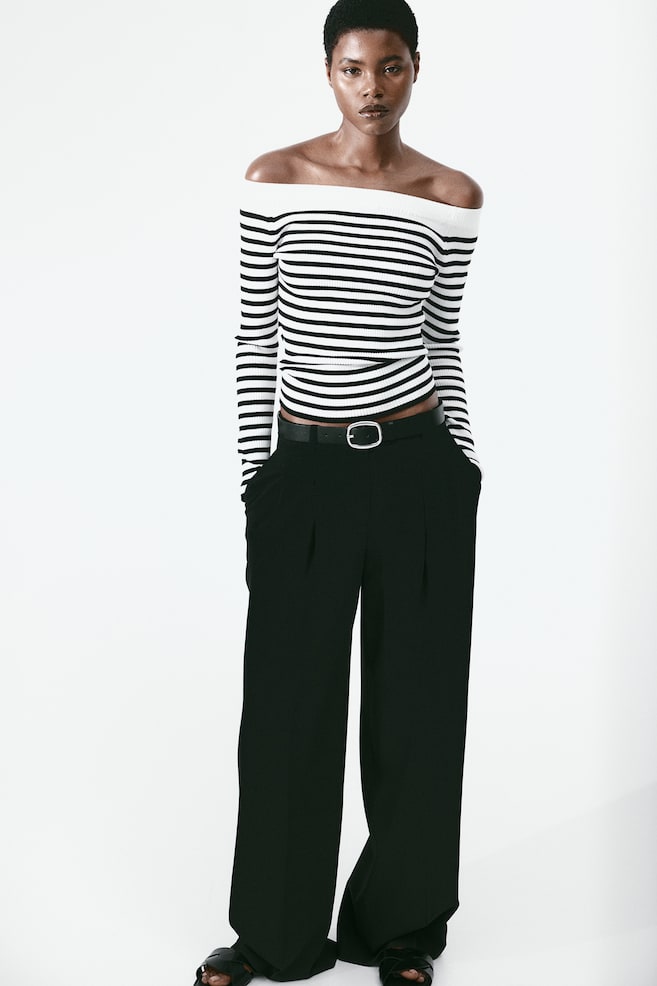 Rib-knit off-the-shoulder top - White/Black striped - 3
