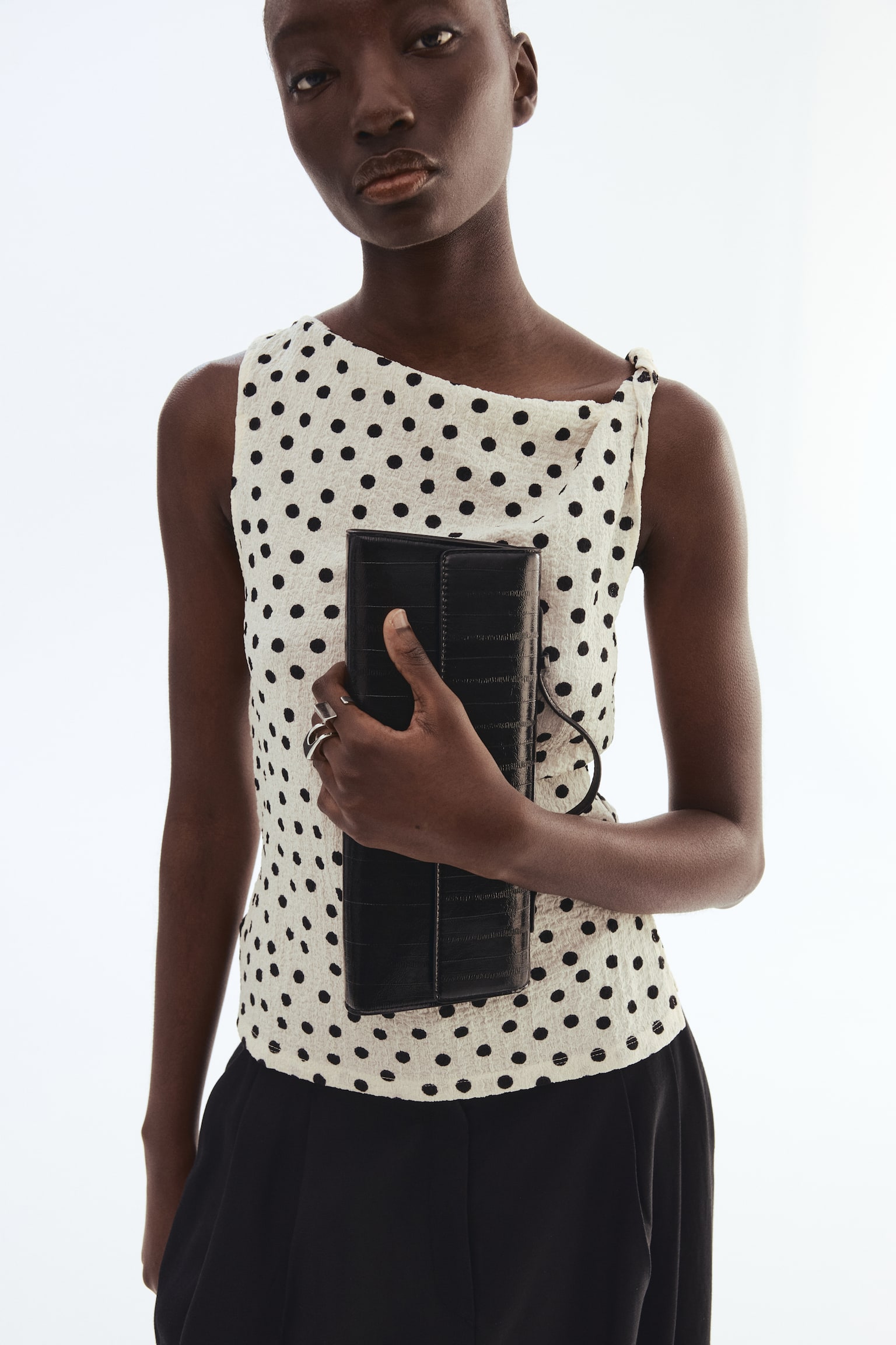 Twist-detail top - White/Polka dot/Dark brown/Dark khaki green - 3