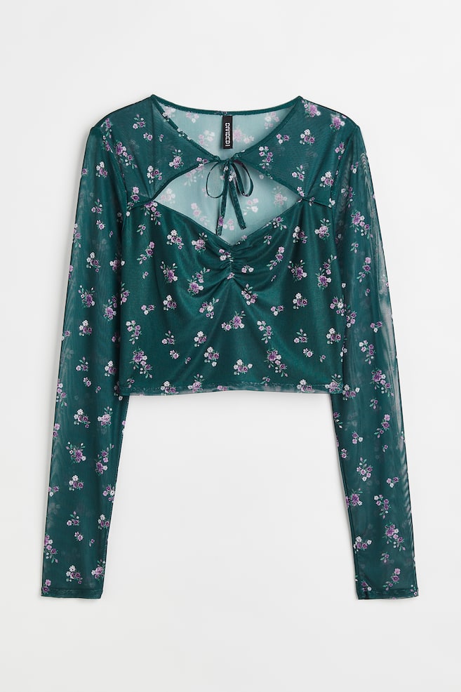 Mesh cut-out top - Dark green/Small flowers - 1