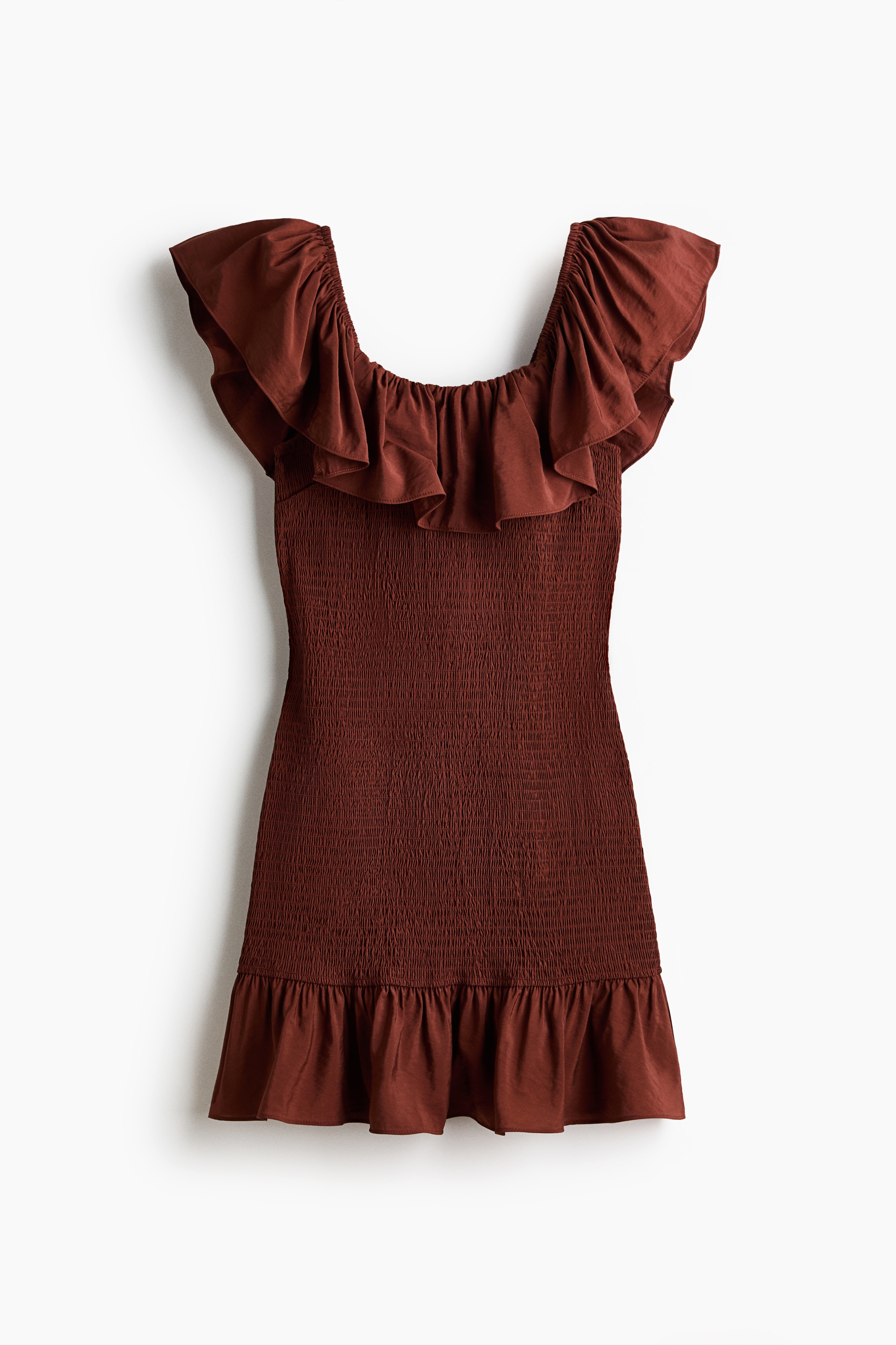 Flounced off-the-shoulder dress - Rust brown/Black/Light purple