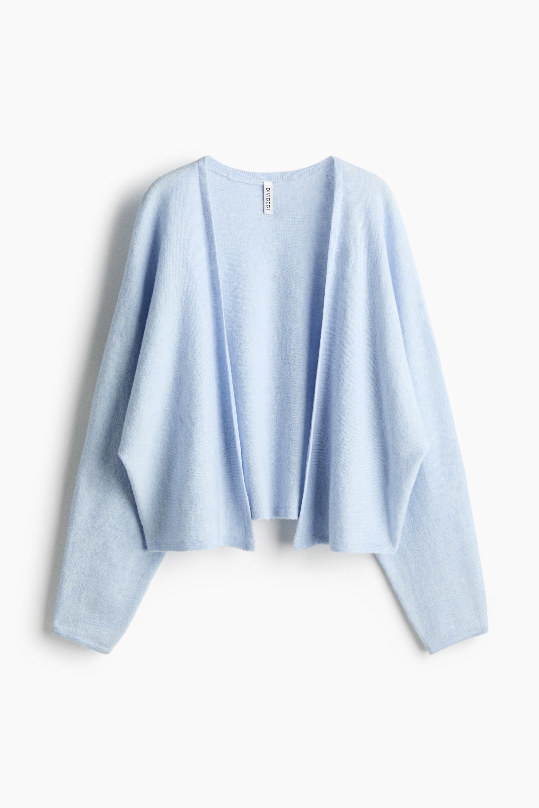 View larger image: A light blue open-front cardigan is showcasing its FRONT, crafted from a soft, fuzzy knit. It features long sleeves, dropped shoulders, and an unstructured, cropped hemline.