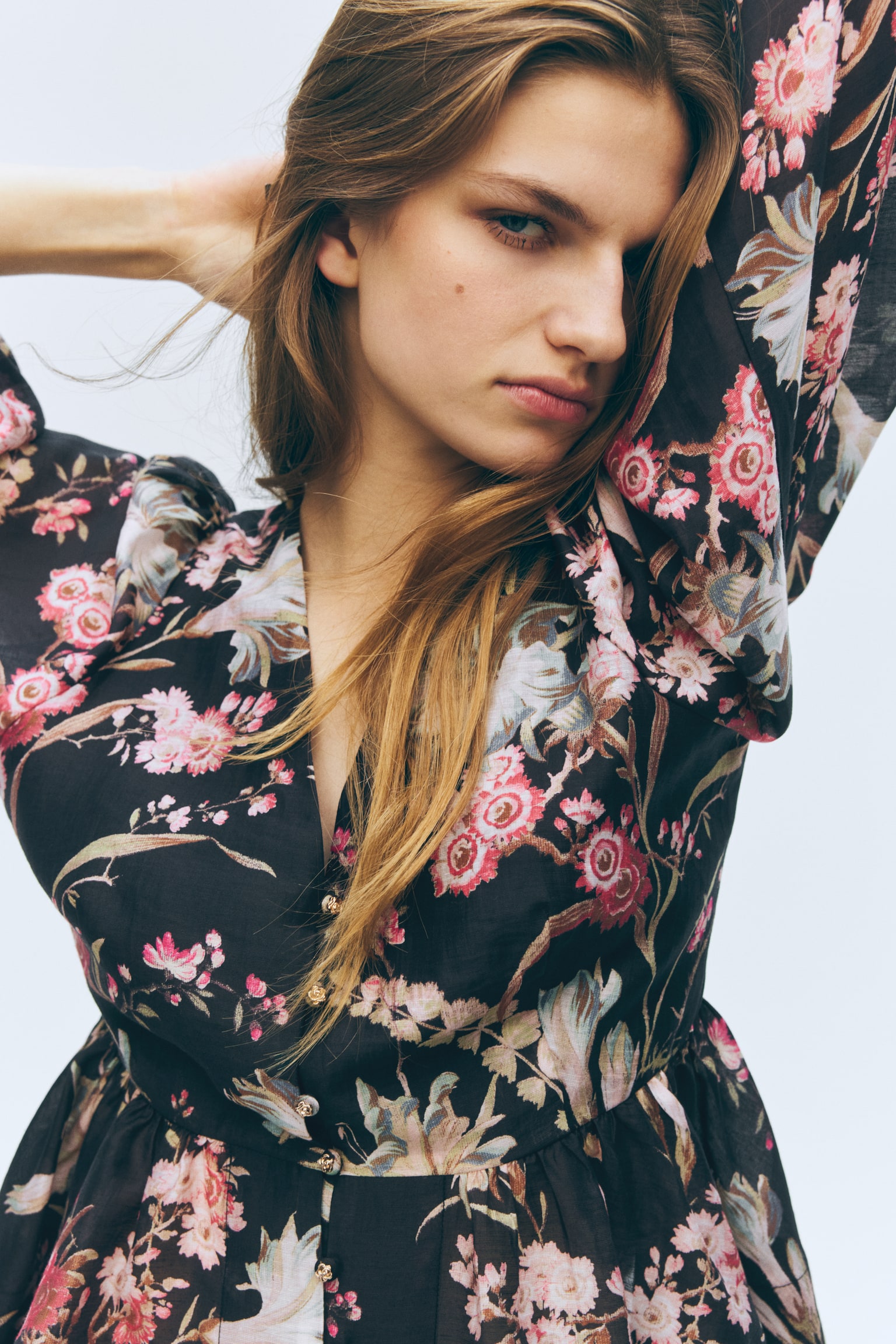 Peplumblouse van linnenmix - Zwart/bloemen/Geel/bloemen - 5