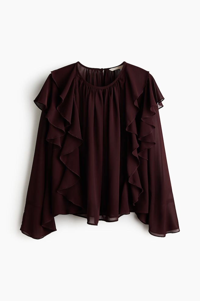 Sheer Flounce-Trimmed Blouse - Dark brown - 1