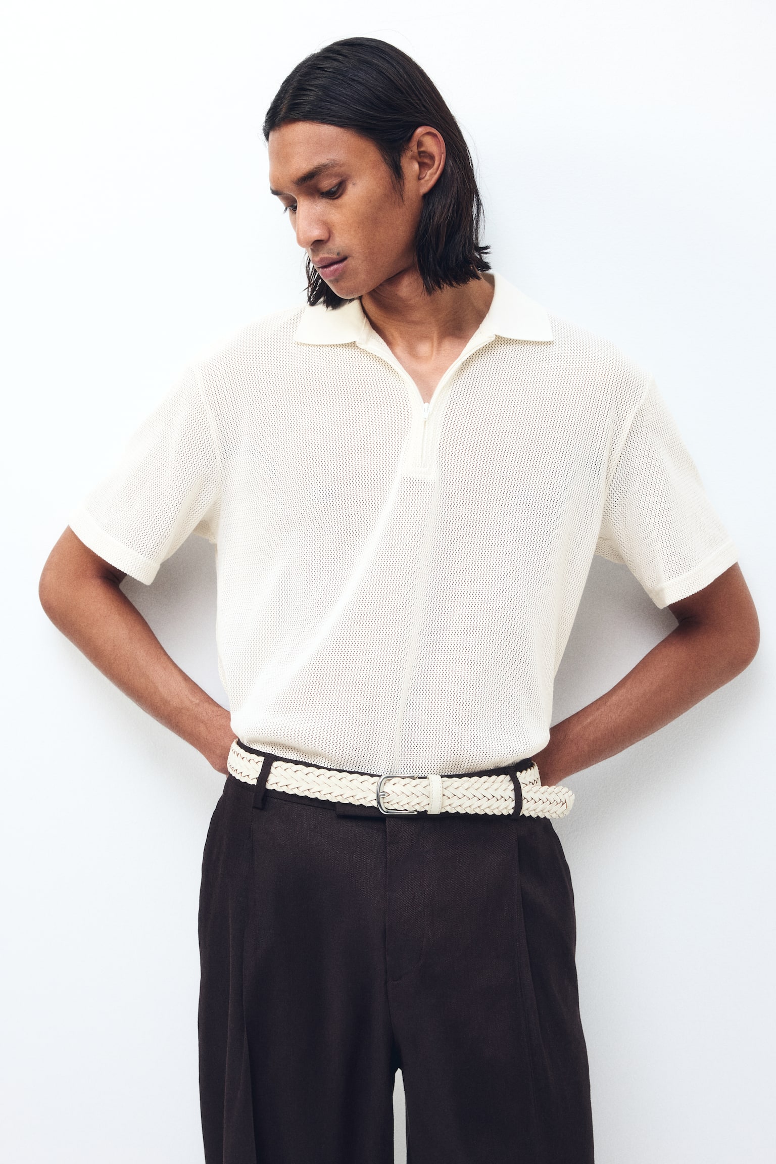 Regular Fit Hole-knit polo shirt - Cream/Dark khaki green/Black - 1