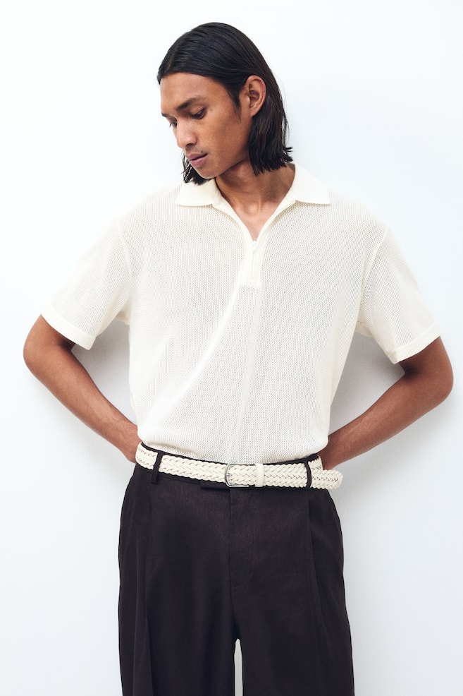 Regular-Fit Open-Knit Polo Shirt - Cream/Black/Dark khaki green - 2