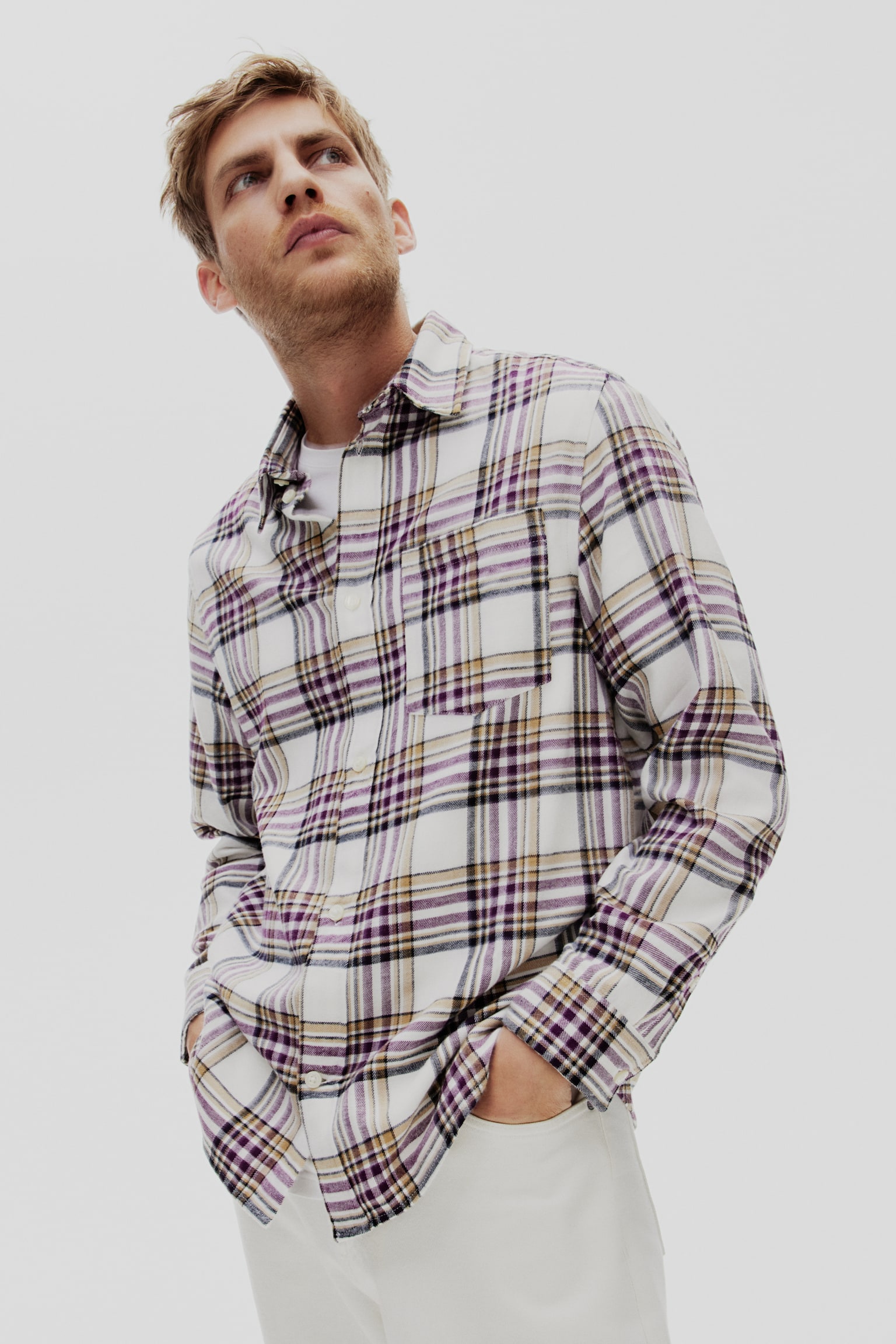 Regular Fit Flannel Shirt - White/Purple check/Brown/Check/Brown/Check - 5