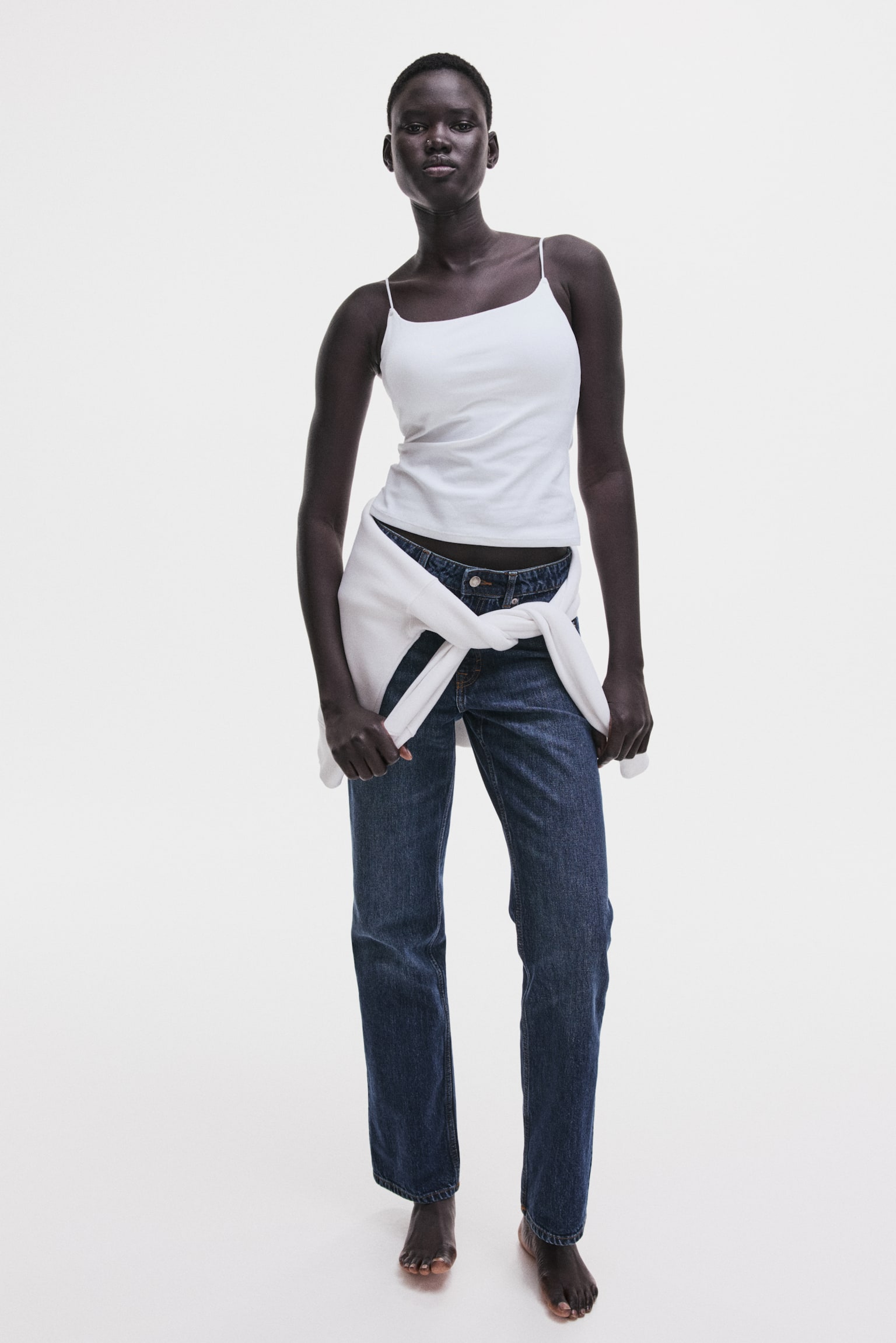 罩杯式棉質細肩帶上衣 - 白色/混灰色/黑色 - 3