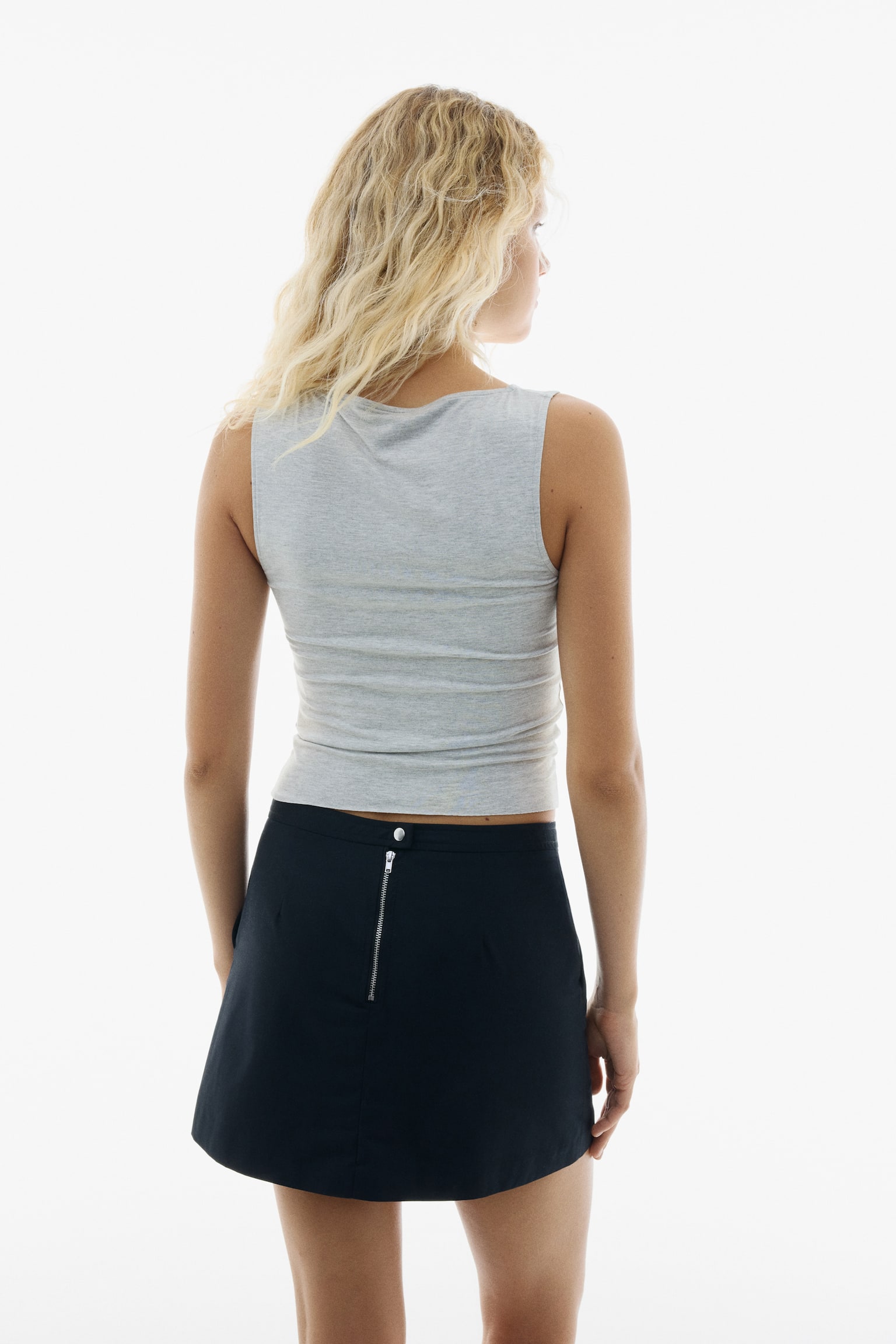 垂墜感平紋背心上衣 - 淺灰混色/酒紅色 - 5