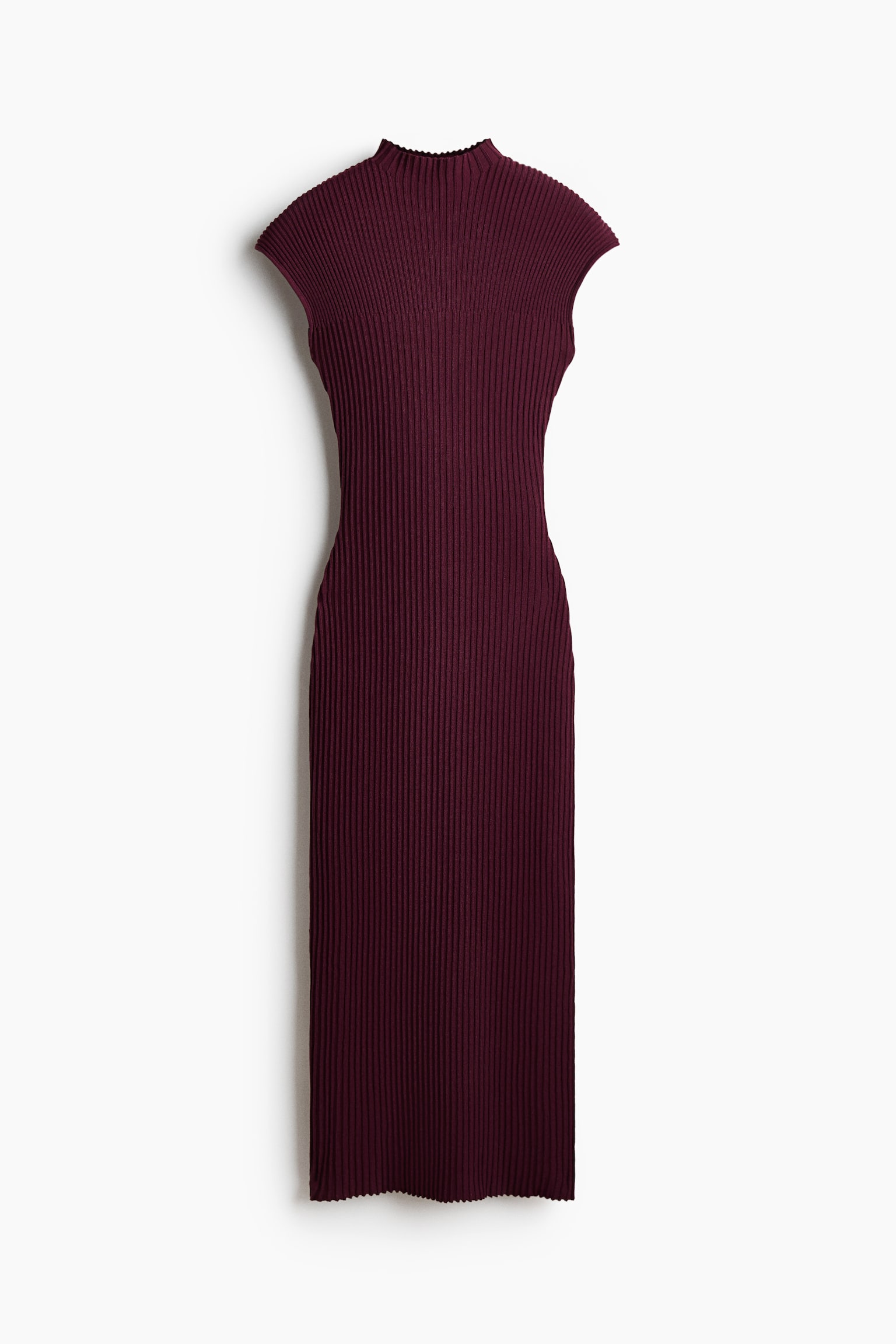 A calf-length, fitted dress in a deep burgundy high-density rib knit is displayed from the front, featuring a mock turtleneck, cap sleeves, and a straight hem.