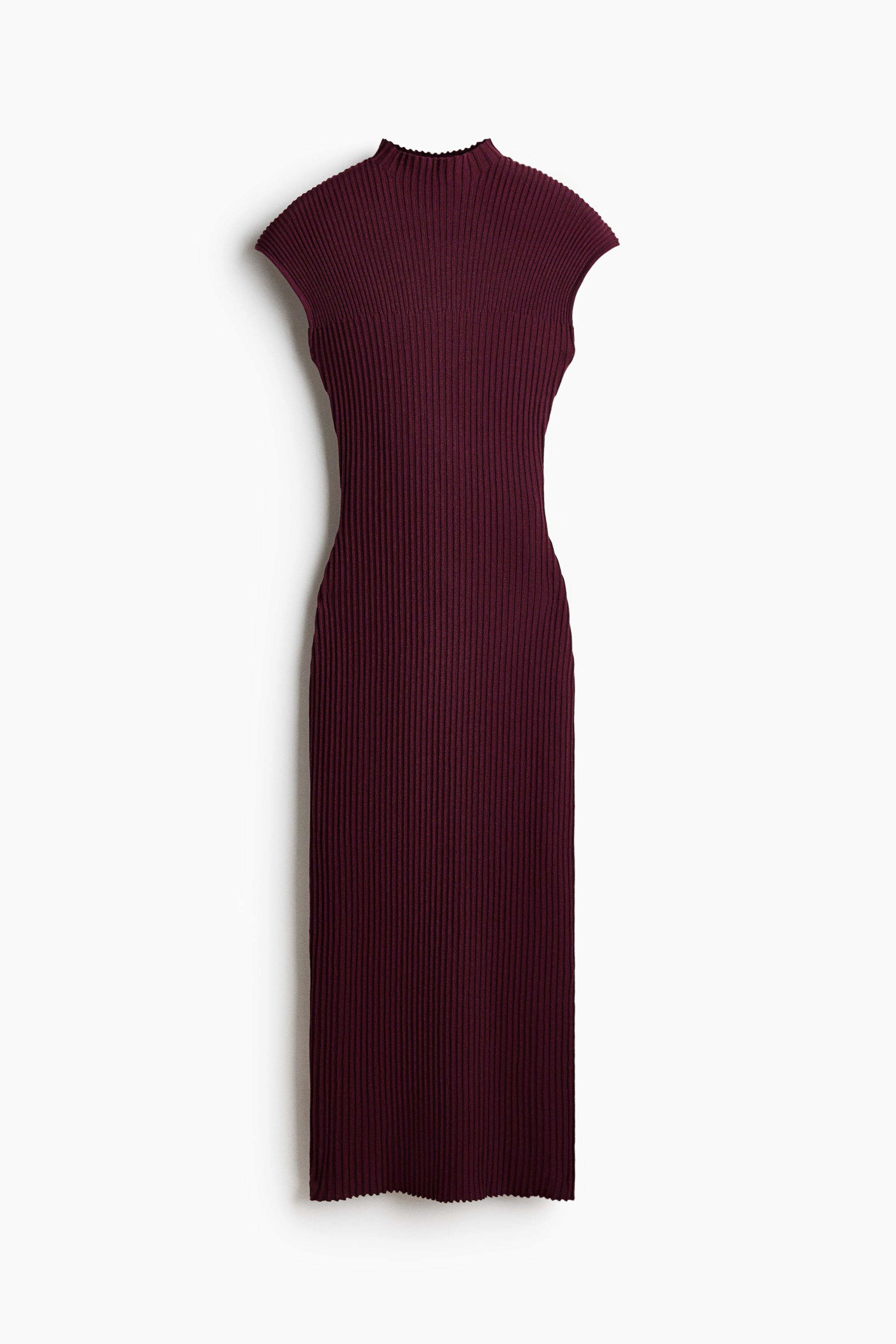 View larger image: A calf-length, fitted dress in a deep burgundy high-density rib knit is displayed from the front, featuring a mock turtleneck, cap sleeves, and a straight hem.