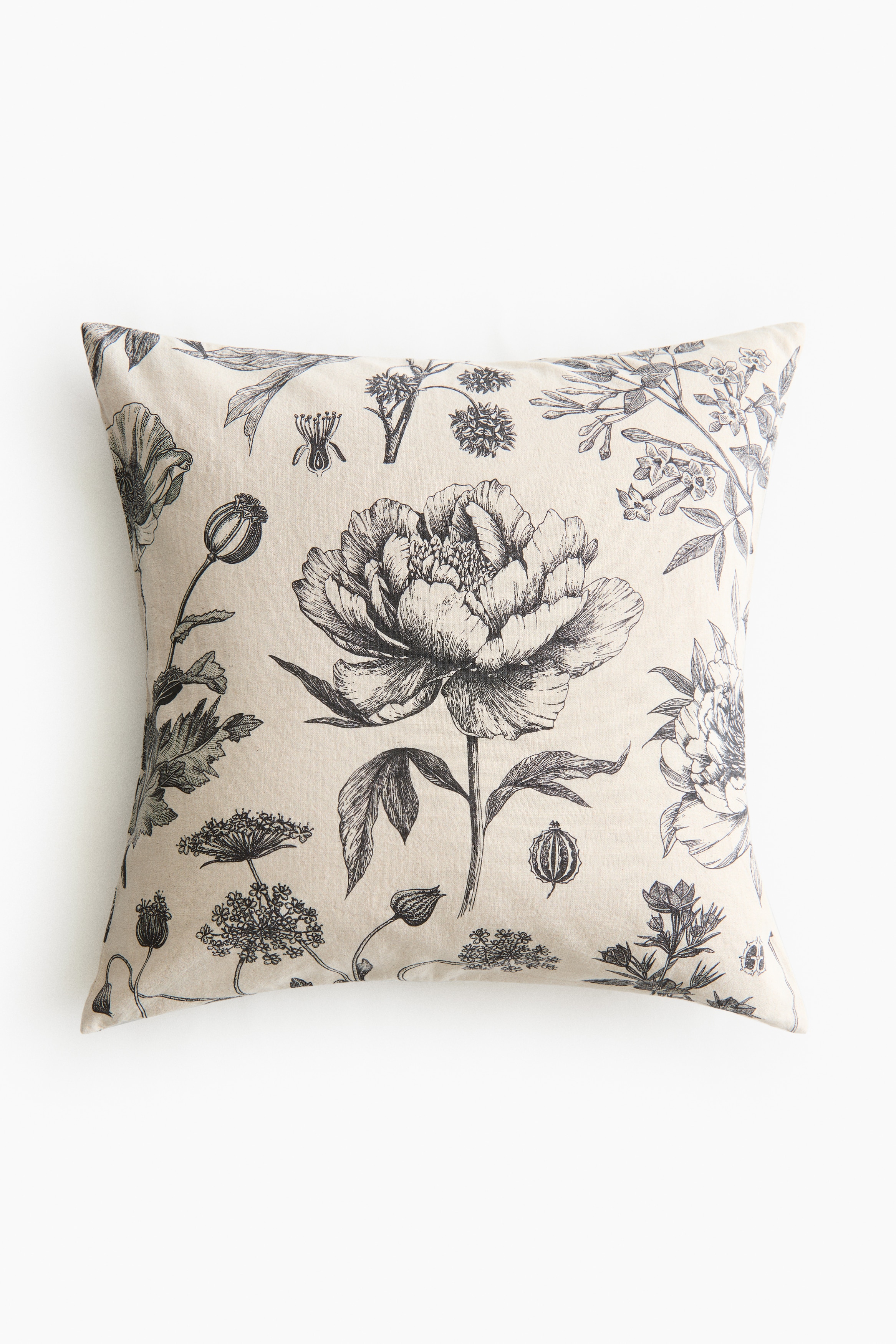 Linen-Blend Cushion Cover - Light beige/black floral/Light beige/floral