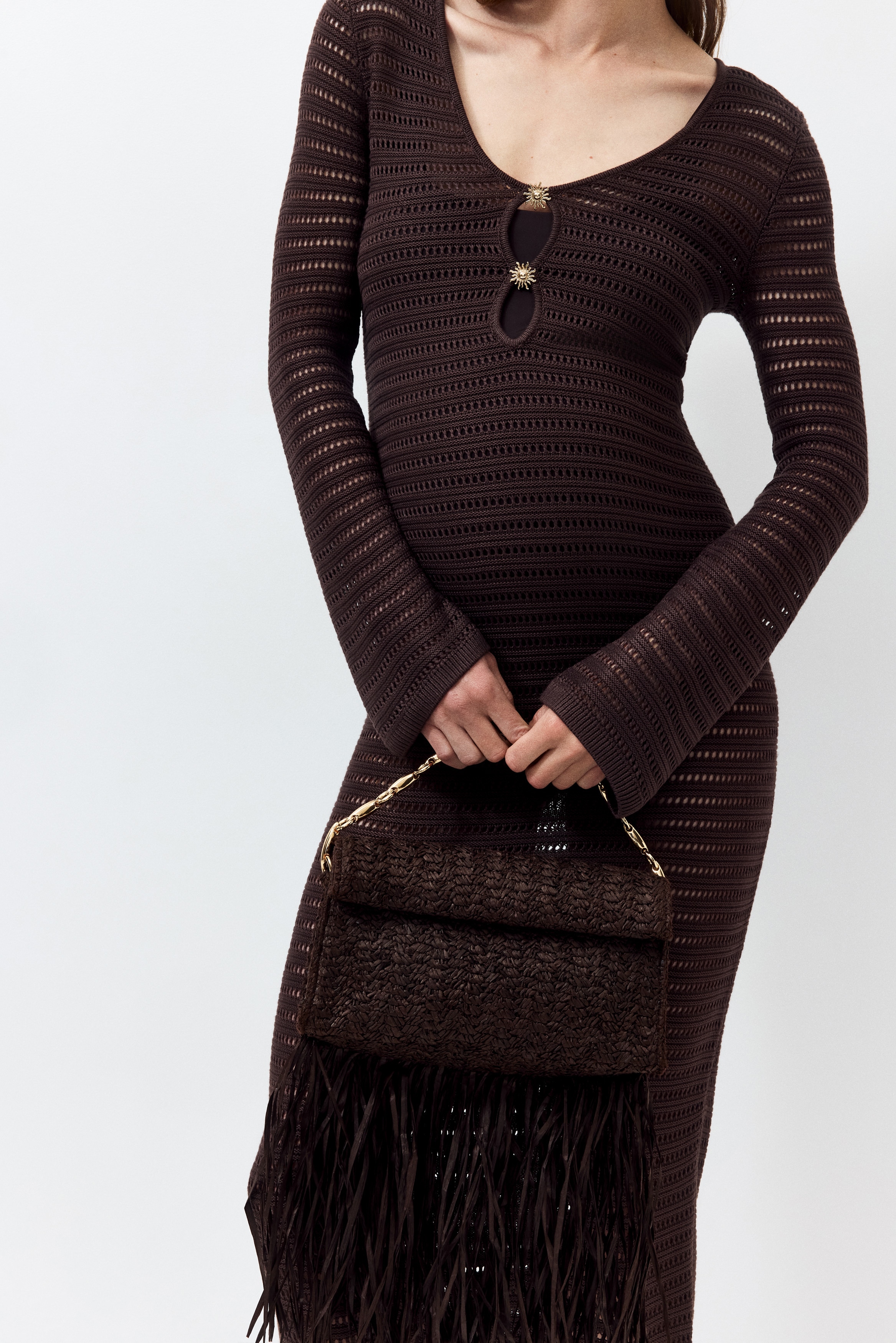 h&m crochet dress brown Ladies - Dark Brown Pointelle-Knit Beach Dress - Size: S