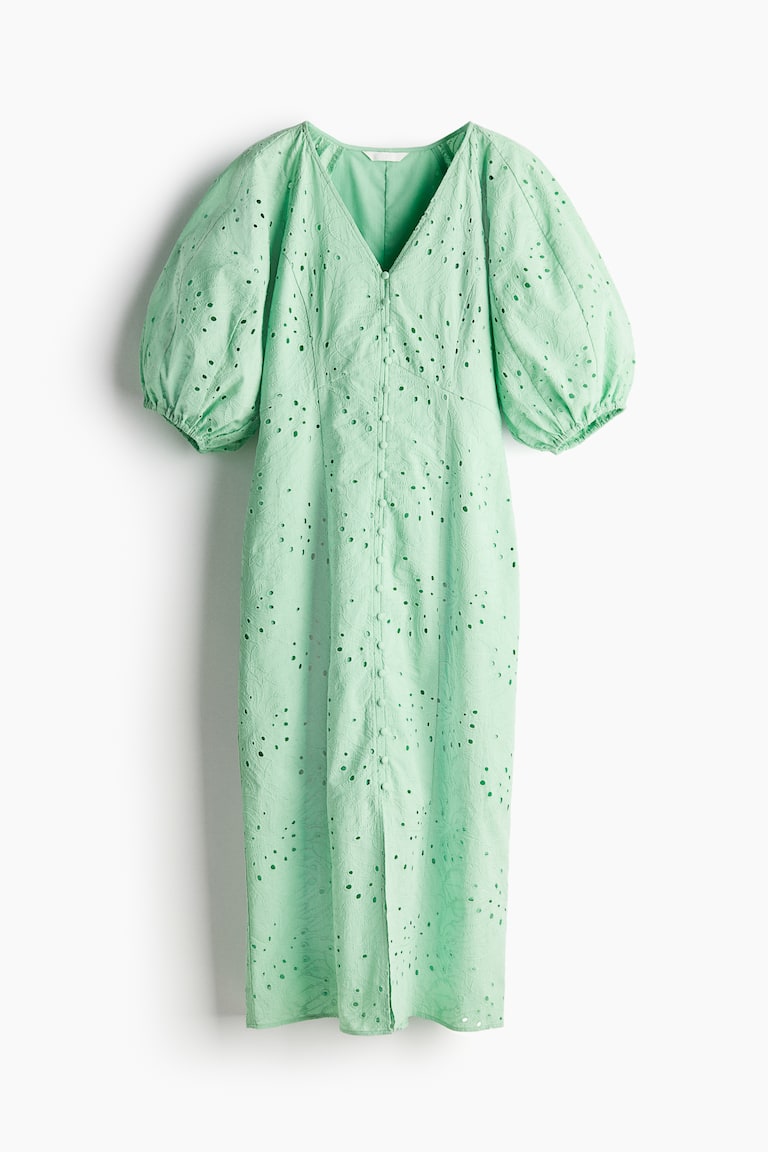 slim fit dress slacks GANNI Broderie Anglaise Puff Sleeve Midi Dress Green Smocked Poplin Si –  Celebrity Owned main image 1