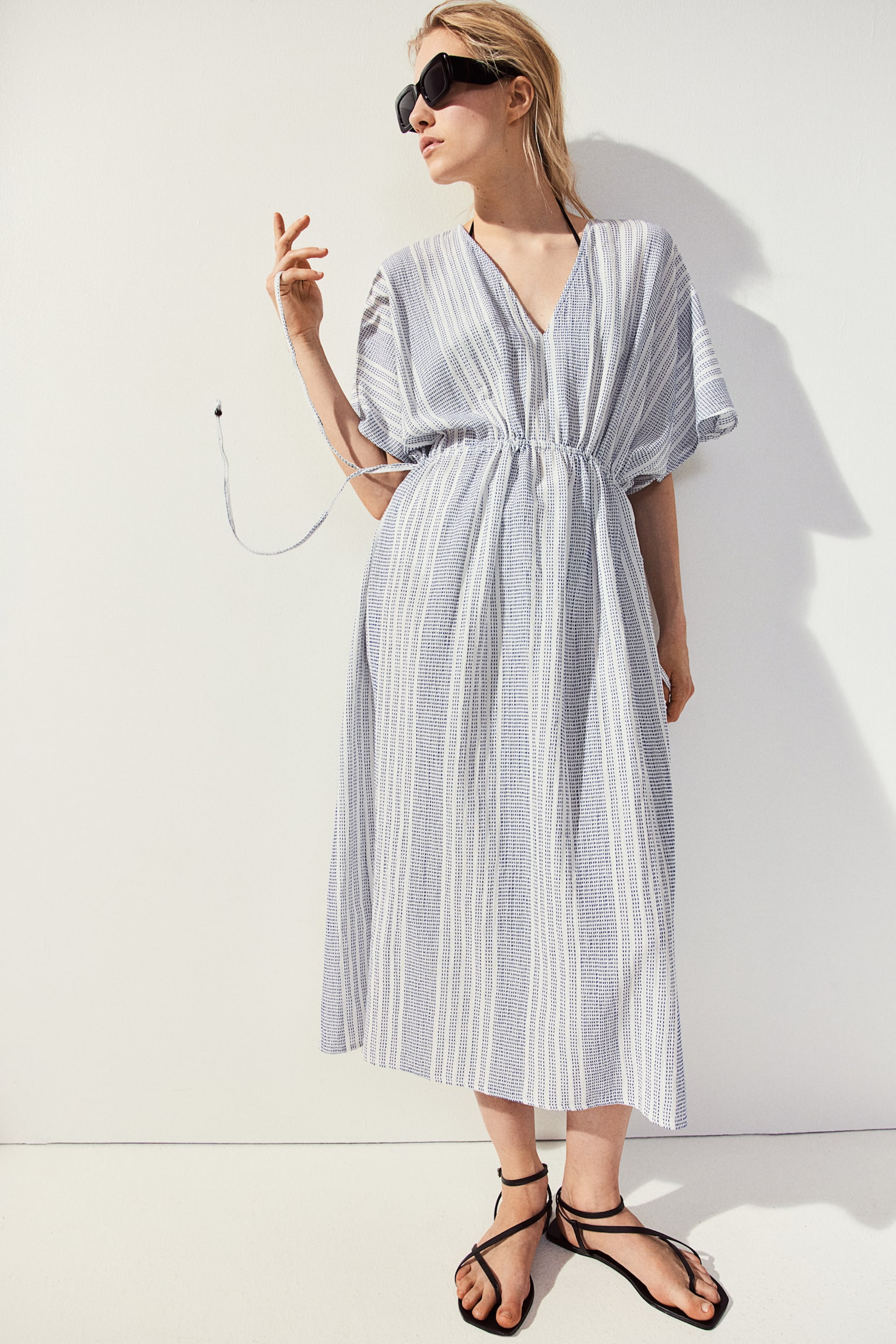 Drawstring-detail kaftan dress - White/Blue striped/Black/Striped - 6