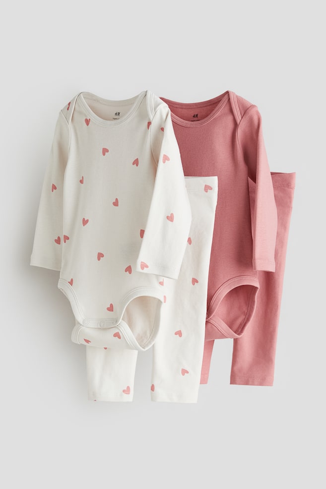 4-piece cotton jersey set - Pink/Hearts/Beige/Elephants - 1