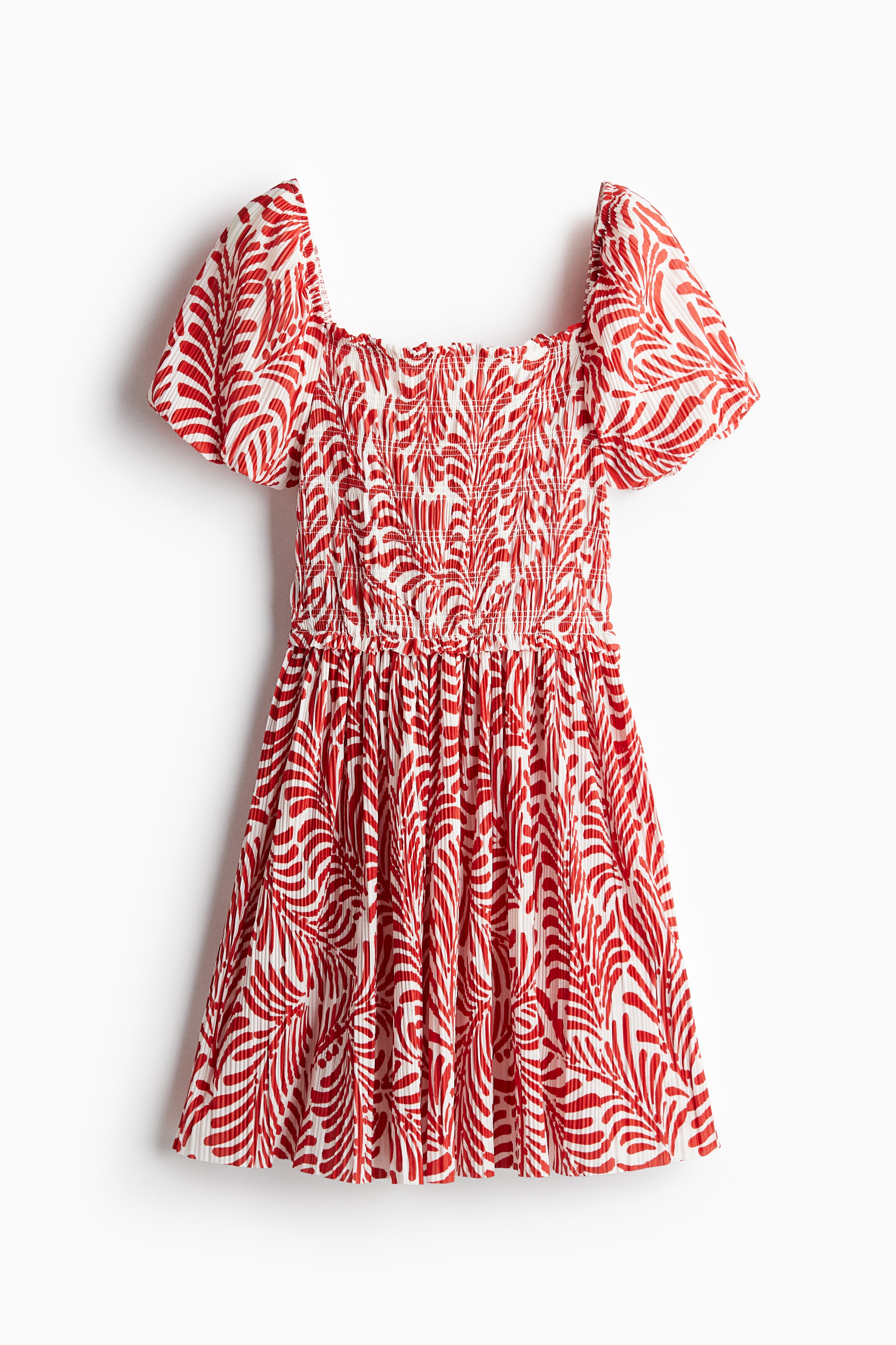 Smocked-Bodice Crinkled Dress - White/red patterned/White/blue floral