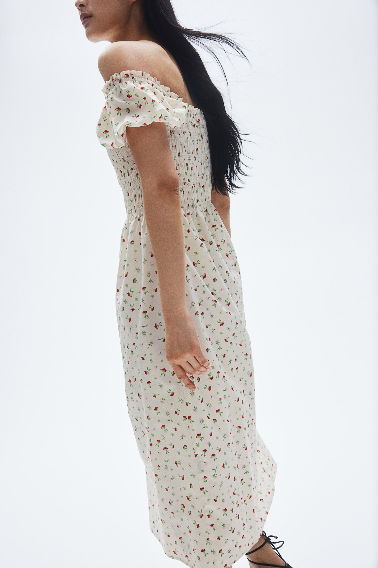 Off-the-shoulder poplin dress - Cream/Small flowers/Green/Patterned/White/Blue floral/White/Floral - 4