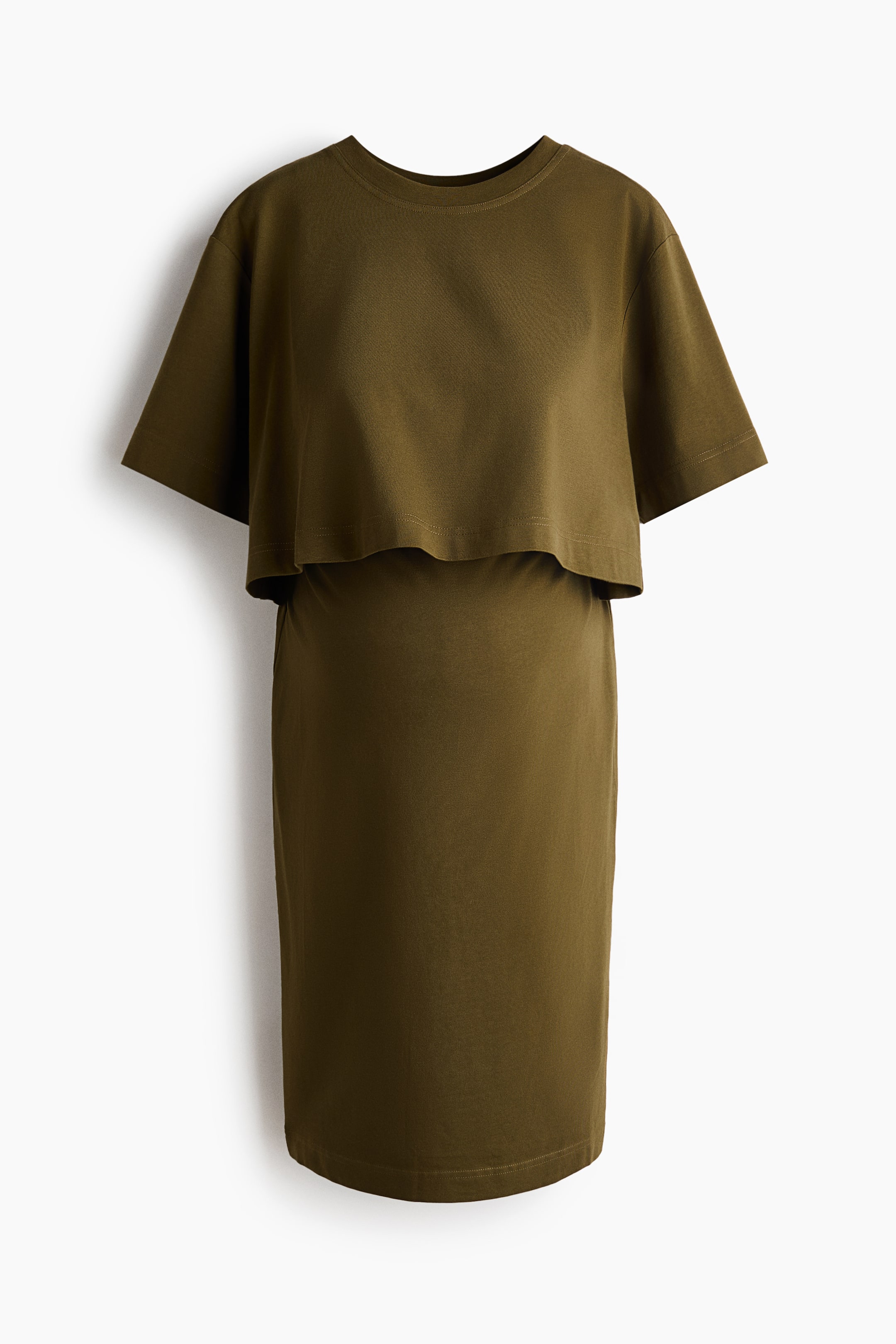 View larger image: An olive green top and skirt set showcases a short crew neck top with dropped shoulders, and sleeves that finish just above the elbows, layered over a fitted, knee-length skirt.
