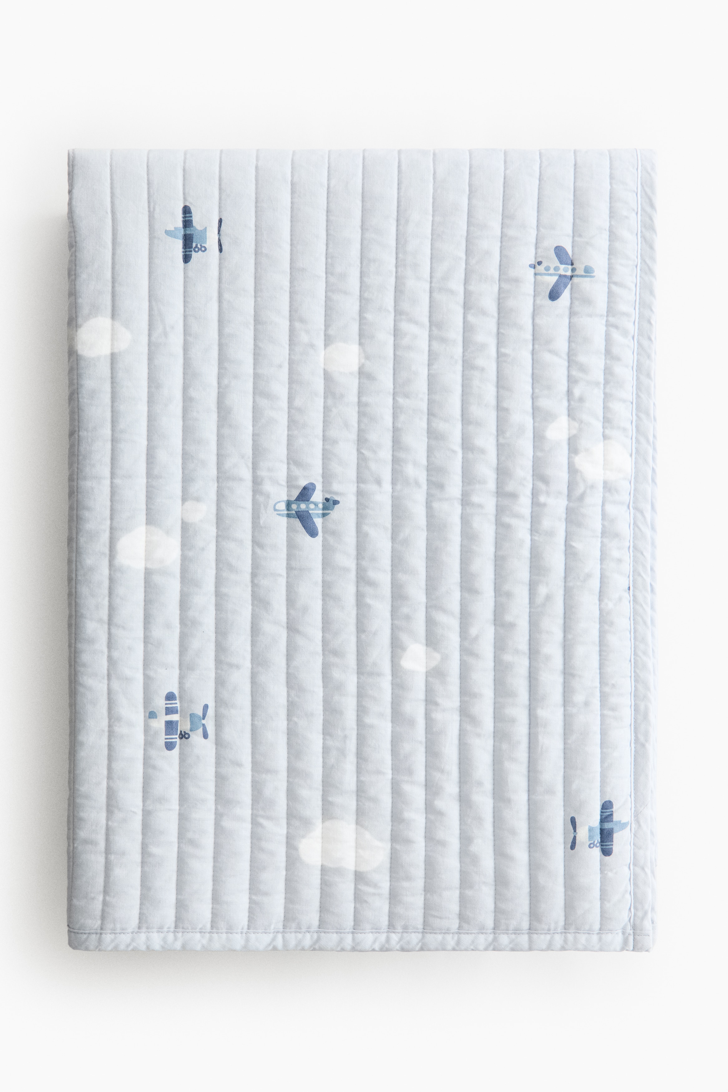 Quilted Cotton Bedspread - Light blue/airplanes/Light dusty green/vehicles