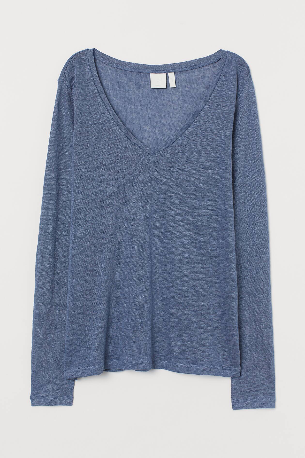 Linen Jersey Top - V-neck - Long sleeve - Pigeon blue - Ladies | H&M US