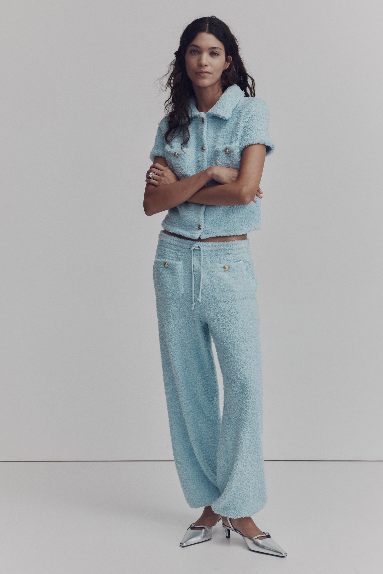 Plyšový sveter s krátkym rukávom - Svetlá tyrkysová/Biela - 5